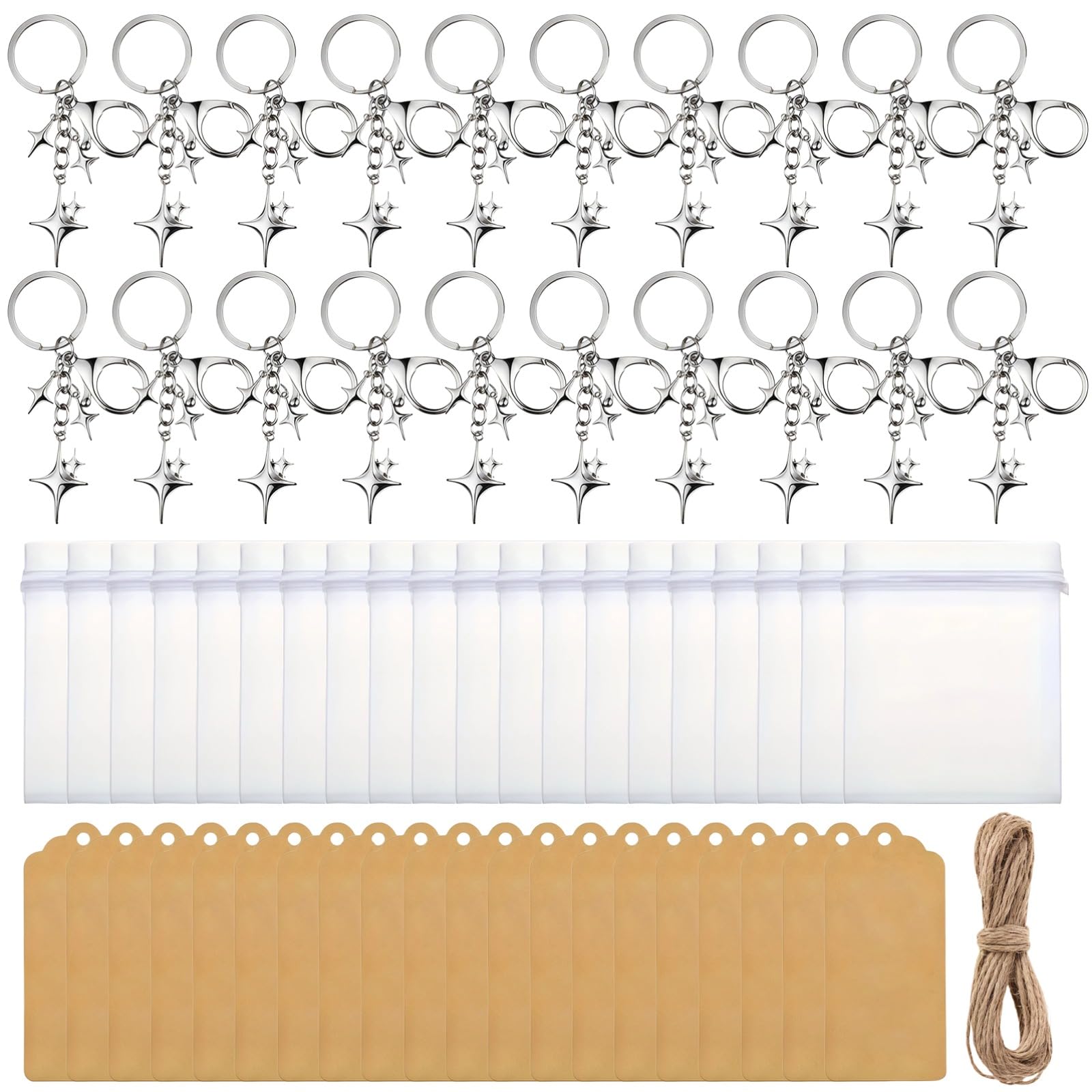 Generisch 20 Sets Schlüsselanhänger mit Stern, Dankeskarten und weißen Organza-Säckchen, Partytaschen aus Zinklegierung für Feier, Hochzeit und Taufe, in Silberoptik, für Deko und zum Verschenken