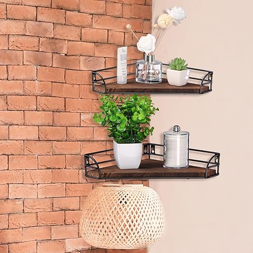 Miniatura 7 de Estantes de esquina flotantes para baño, juego de 2 estantes esquineros de madera de granja, estante de almacenamiento rústico para baño, estantes