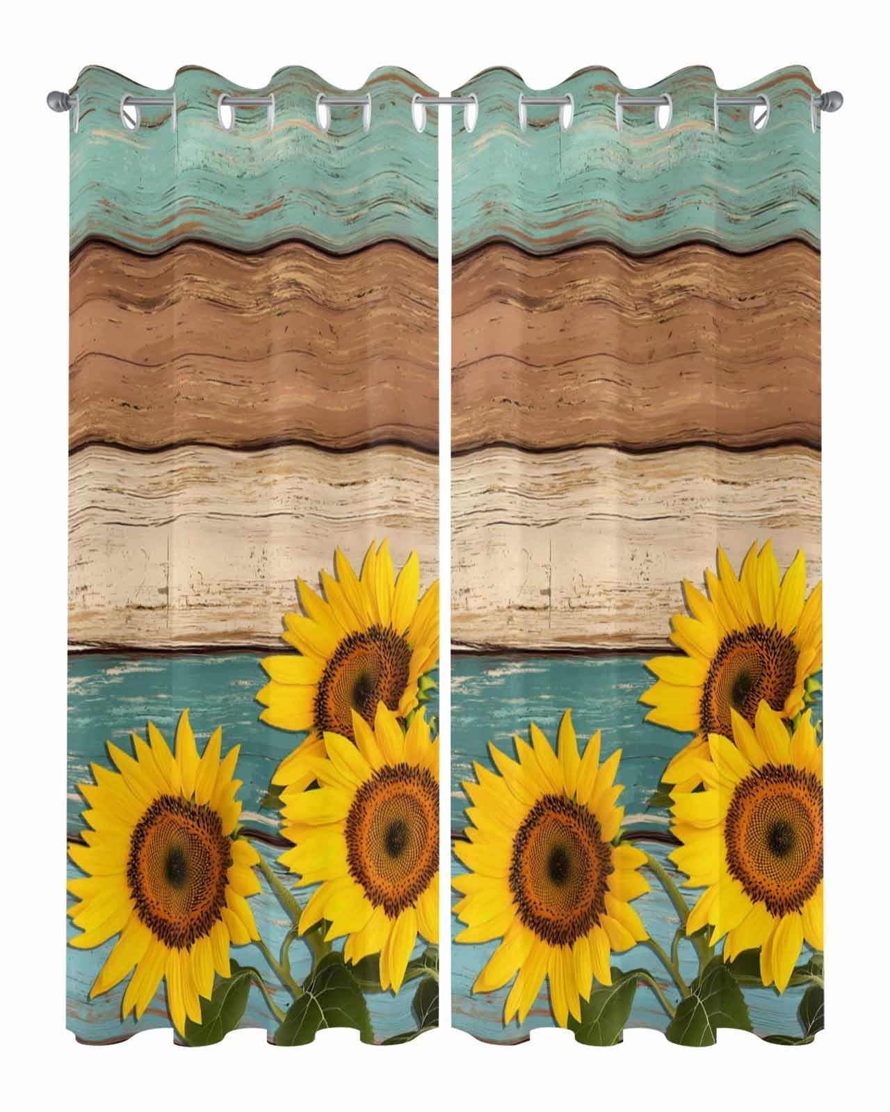 Litter Star Waterproof Outdoor Curtains for Patio Porch, Farm Floral Yellow Sunflower Grommet Curtain Panel Windproof Outside Curtains Tieback, Ombre Teal Brown Board Weighted Window Treatment Drapes