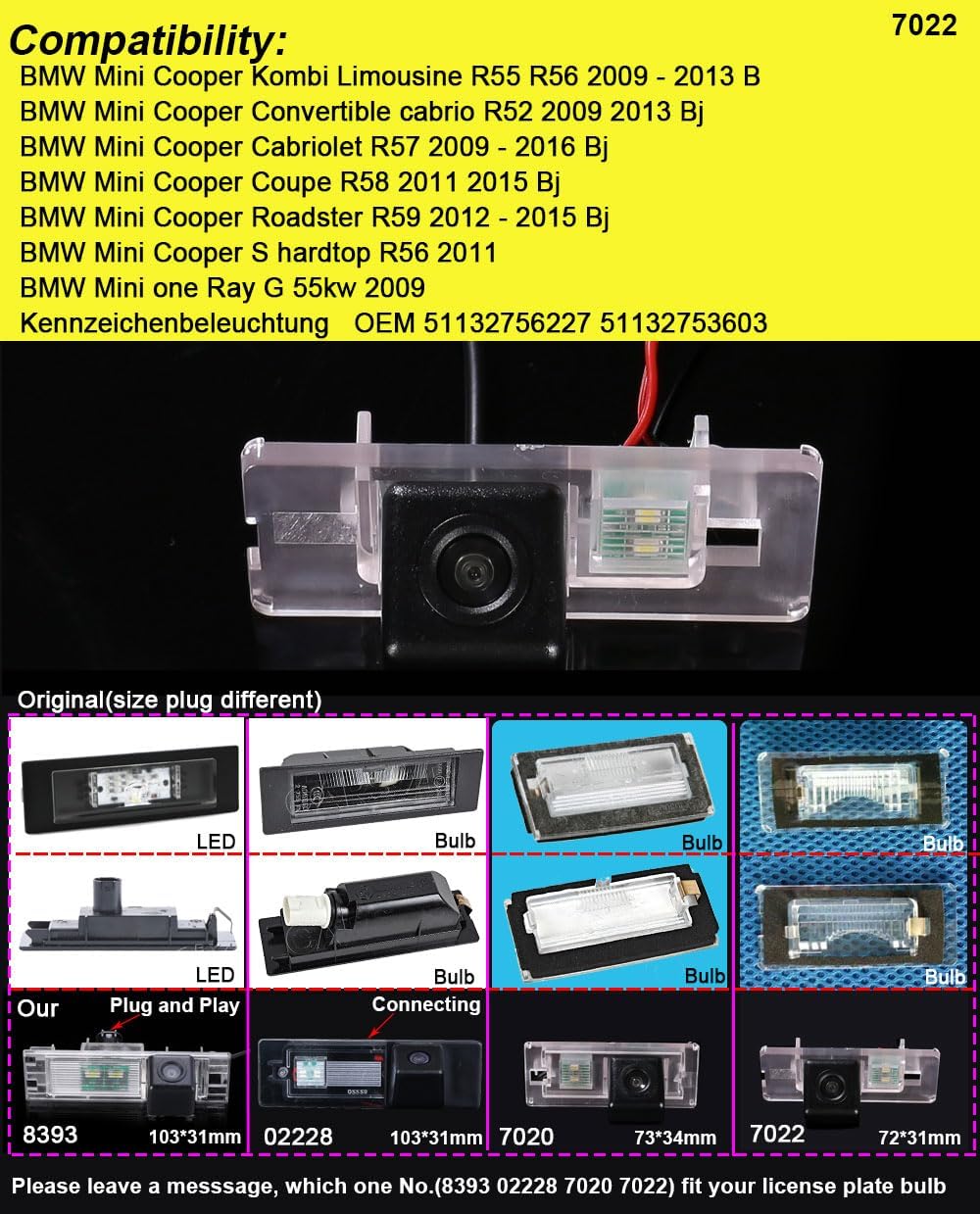 HD Night Vision Reversing Camera Replacement for BMW Mini Cooper Estate Saloon R55 R56/Convertible Convertible R52/Cabriolet R57/Coupe R58/Roadster R59/S Hardtop R56/One Ray G 55kw/License Plate Light