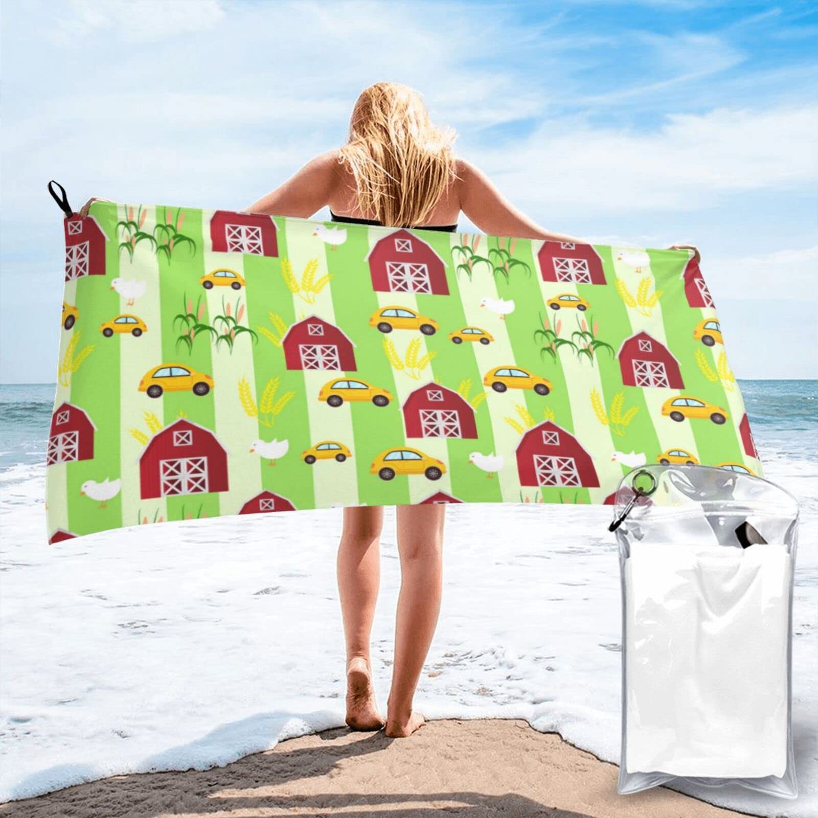 Lawenp Life of Farm Microfiber Beach Towel Adults Large Quick Drying Bath Towel Travel Towels with Pouch 27.5"x55"