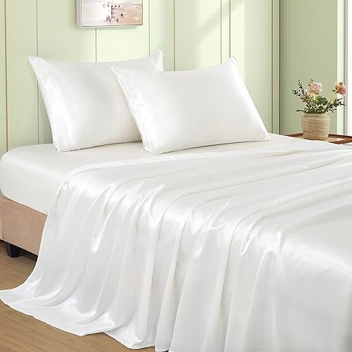 VACVELT Juego de 4 sábanas de satén de color blanco marfil tamaño Queen, sábanas de satén sedoso con bolsillo profundo de 15 pulgadas, juego de ropa