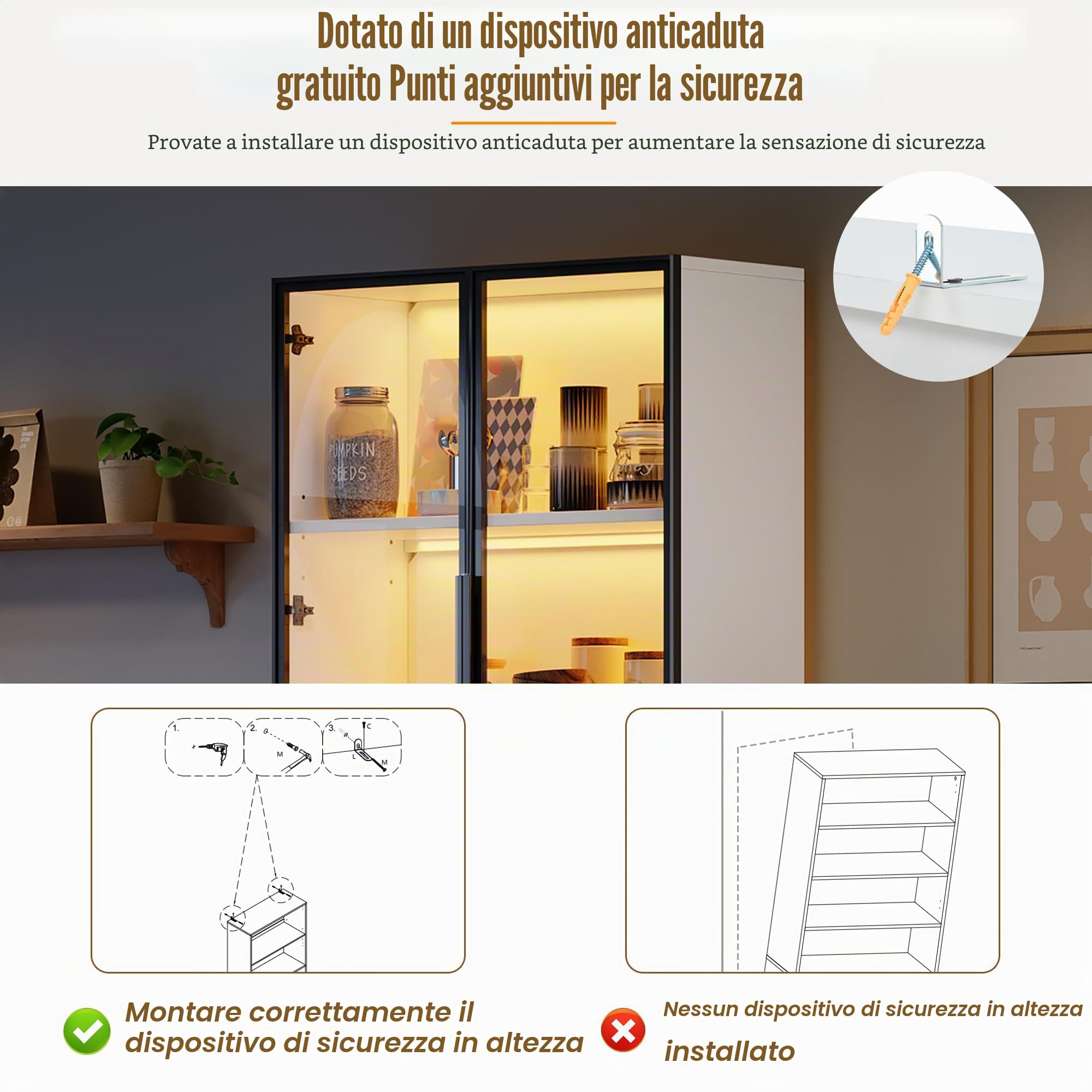 Kebnor Vetrina in Vetro con LED, Armadio Alto, Libreria, Vetrina per Vino, Elegante Credenza con Doppie Porte, Scaffale in Vetro e Supporto per Vino, 80 x 35 x 200 cm, Bianco