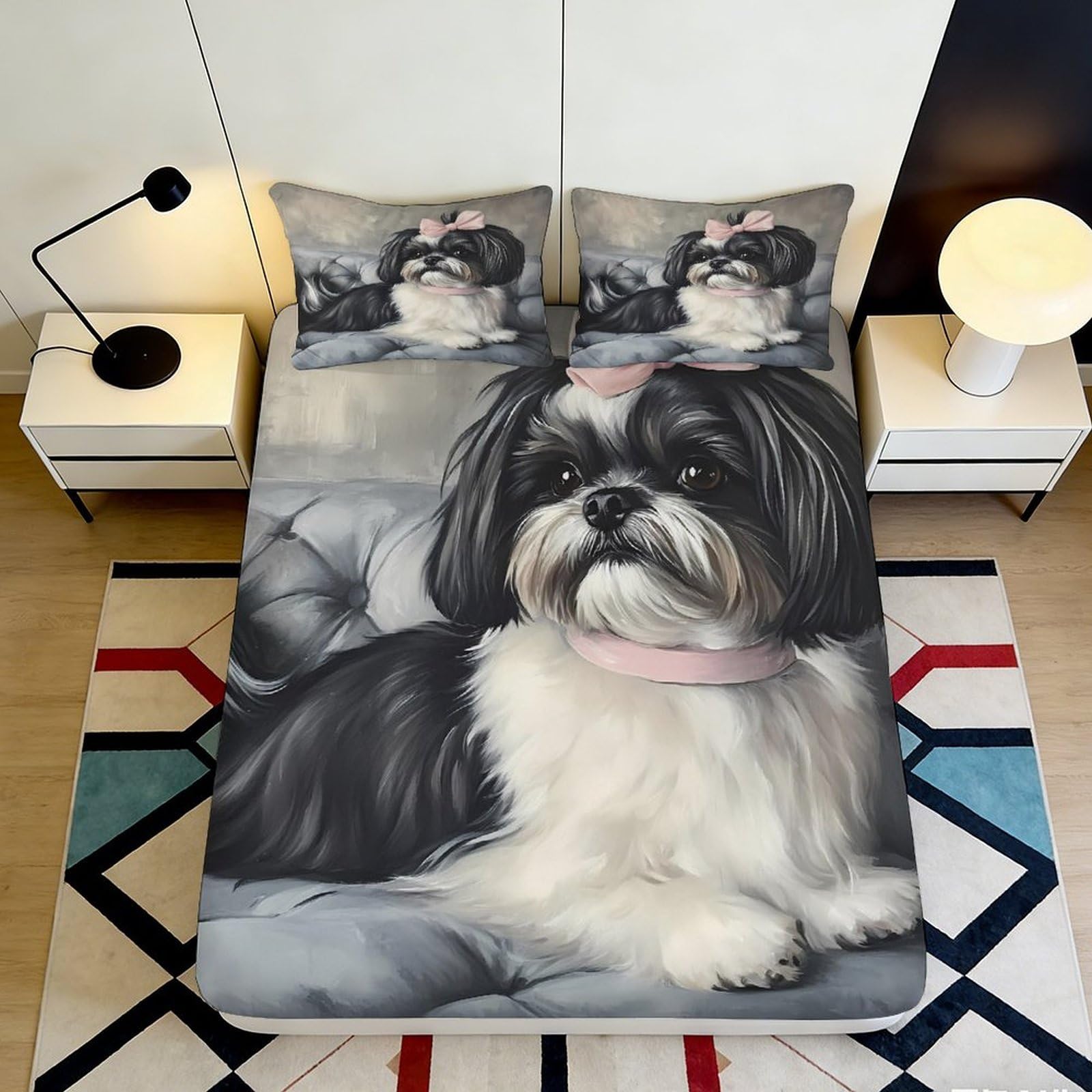 3D Printed Shih Tzu Dog Fitted Sheet Microfiber Soft Washable Black White Puppy Mattress Cover for Bedroom Guest Room Decor 90x200x25cm