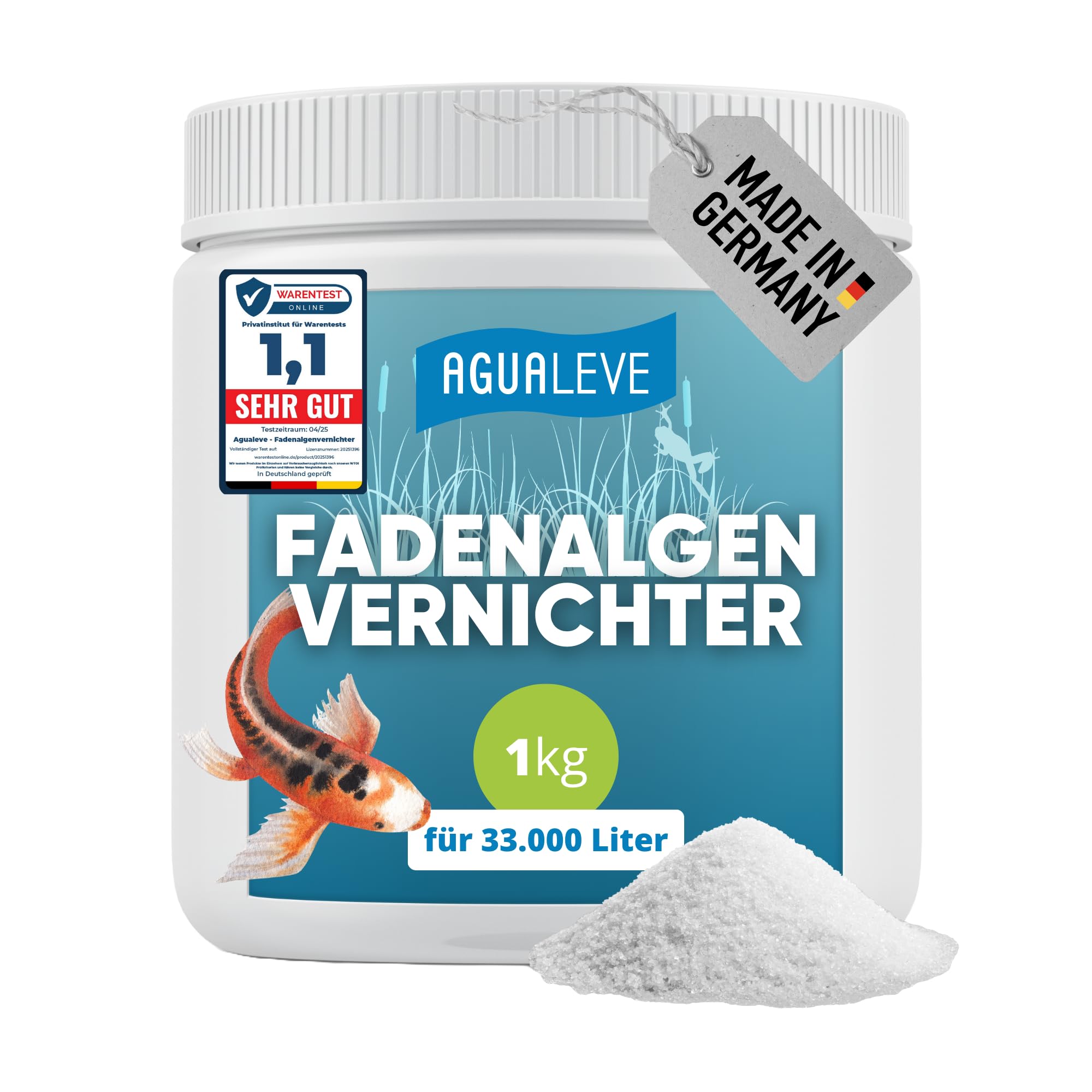 AGUALEVE® Fadenalgenvernichter 1kg *NEU* | extrem effektiv gegen Fadenalgen Dank innovativer Aktivsauerstoff-2.0-Formel | Fisch-, Garten- & Schwimmteiche | Made in Germany | für 33.000l Teichwasser