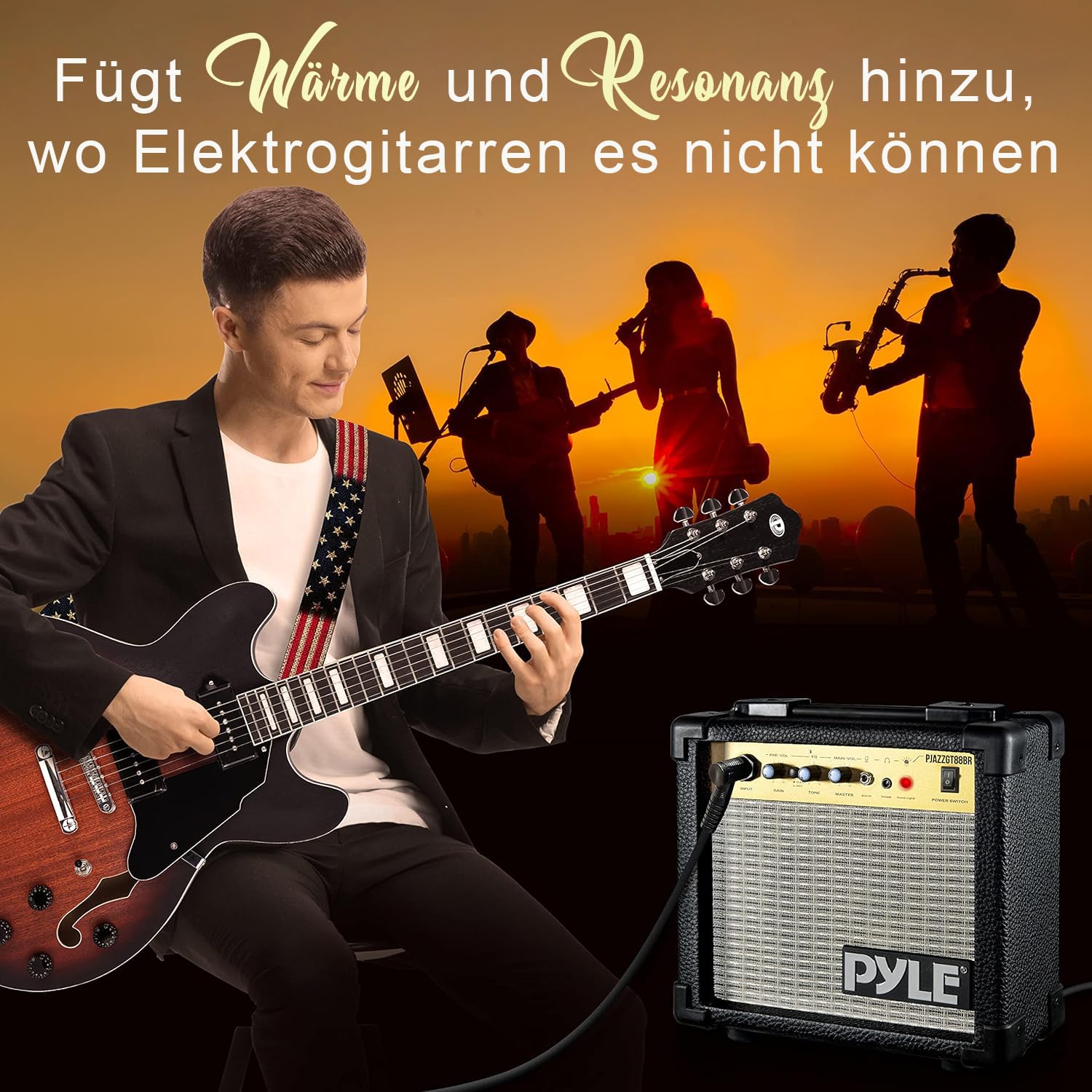 Pyle Jazz E‑Gitarre Semi‑Hollow – 6‑Saitige Vintage‑Style Gitarre mit Cutaway & Zubehörpaket – Jazz‑Sound für kreative Einsteiger & Blues‑Fans, Sunburst Look, P90 Pickups