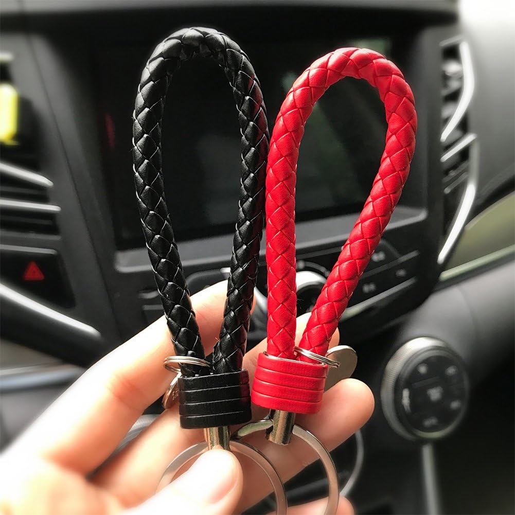 Braided Leather Key-Chains Keyring Handbags YONSON Deluxe Key Holder Leather & Metal-Stainless Steel(Red and Black)