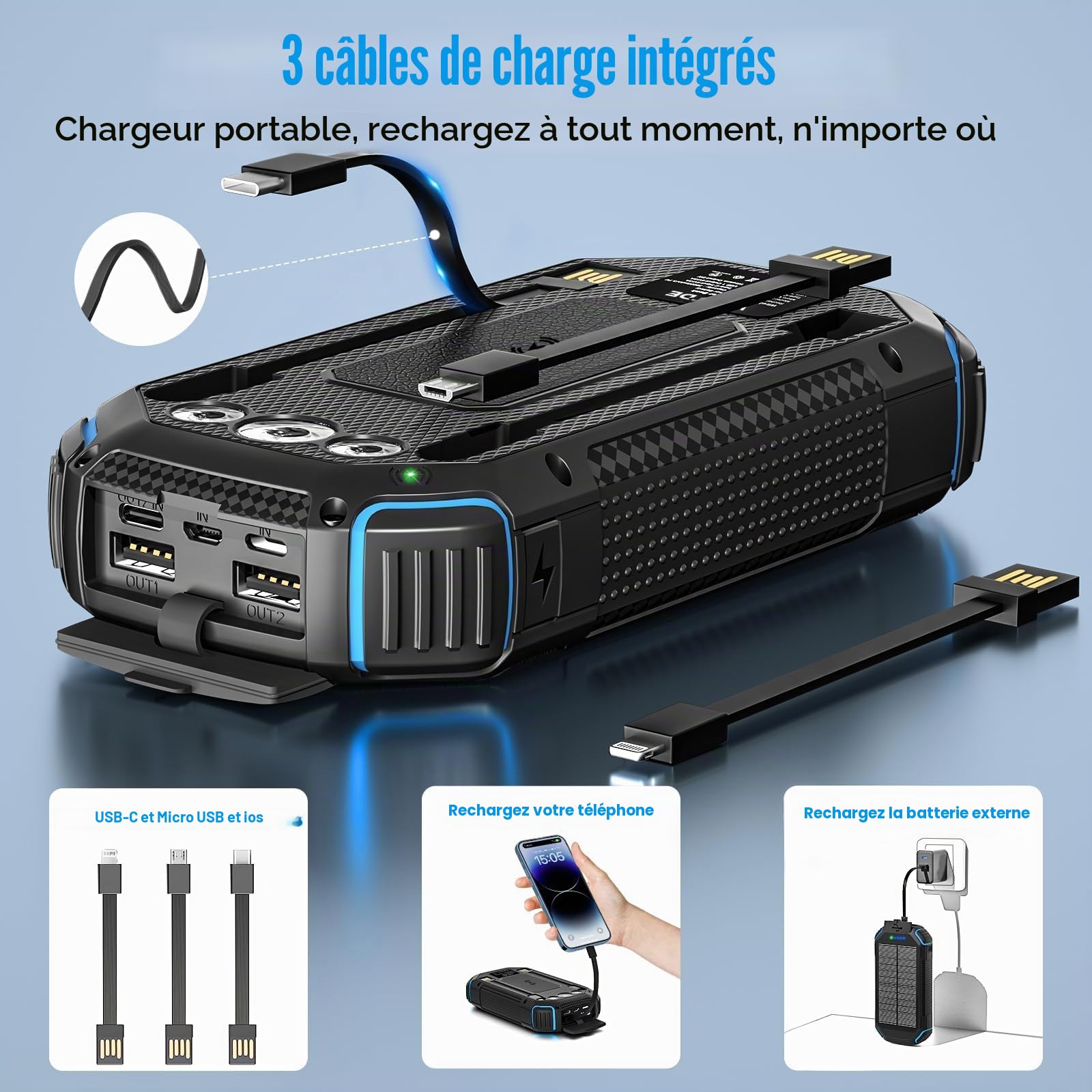Batterie Solaire sans Fil 26800 mAh avec 3 câbles, Power Bank USB-C 15 W, Charge Rapide, 4 Sorties, 3 entrées pour téléphone Portable, Chargeur Solaire, Batterie Externe avec Lampe de Poche