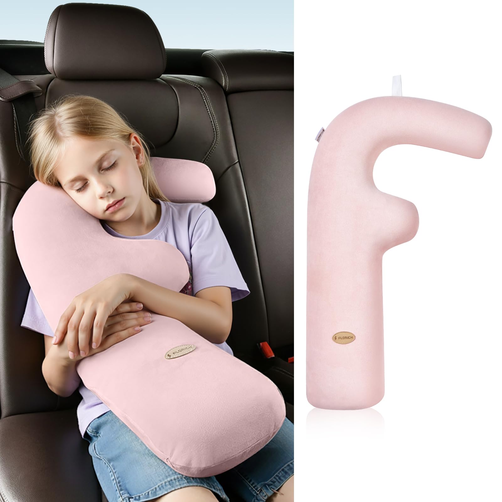 FLORICH Memory Foam Kids Travel Pillow, Car Sleeping Pillow, F-Shape Car Pillows for Adults and Children, Traveling Car Pillow for Kids with Removable Pillowcase (Pink)