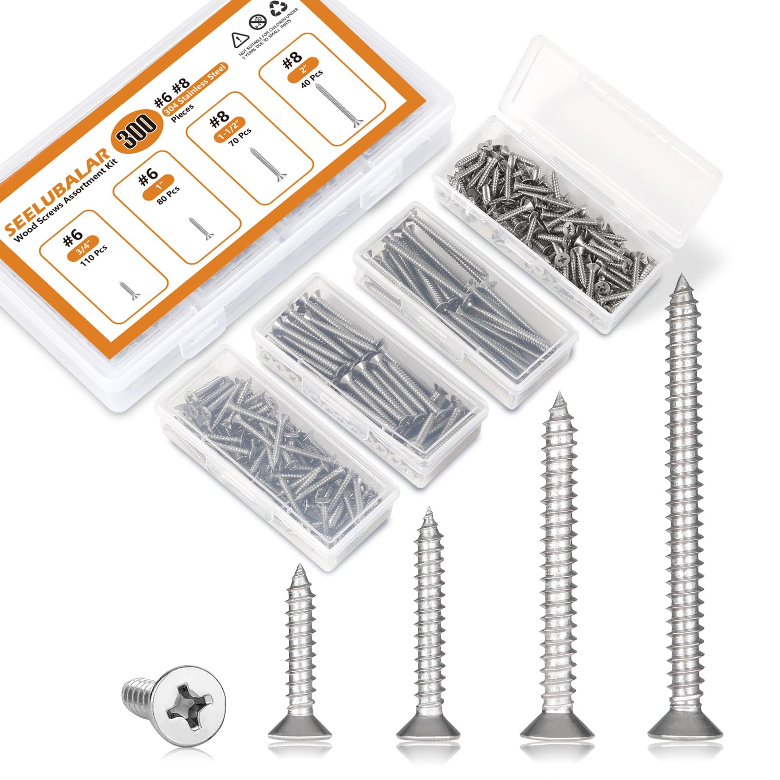 300 Pcs Wood Screws Assortment Kit, #6#8 Phillips Drive Coarse Thread Screws, Rust-Resistant for Furniture & Cabinet Making, 4 Sizes (3/4", 1", 1-1/2"