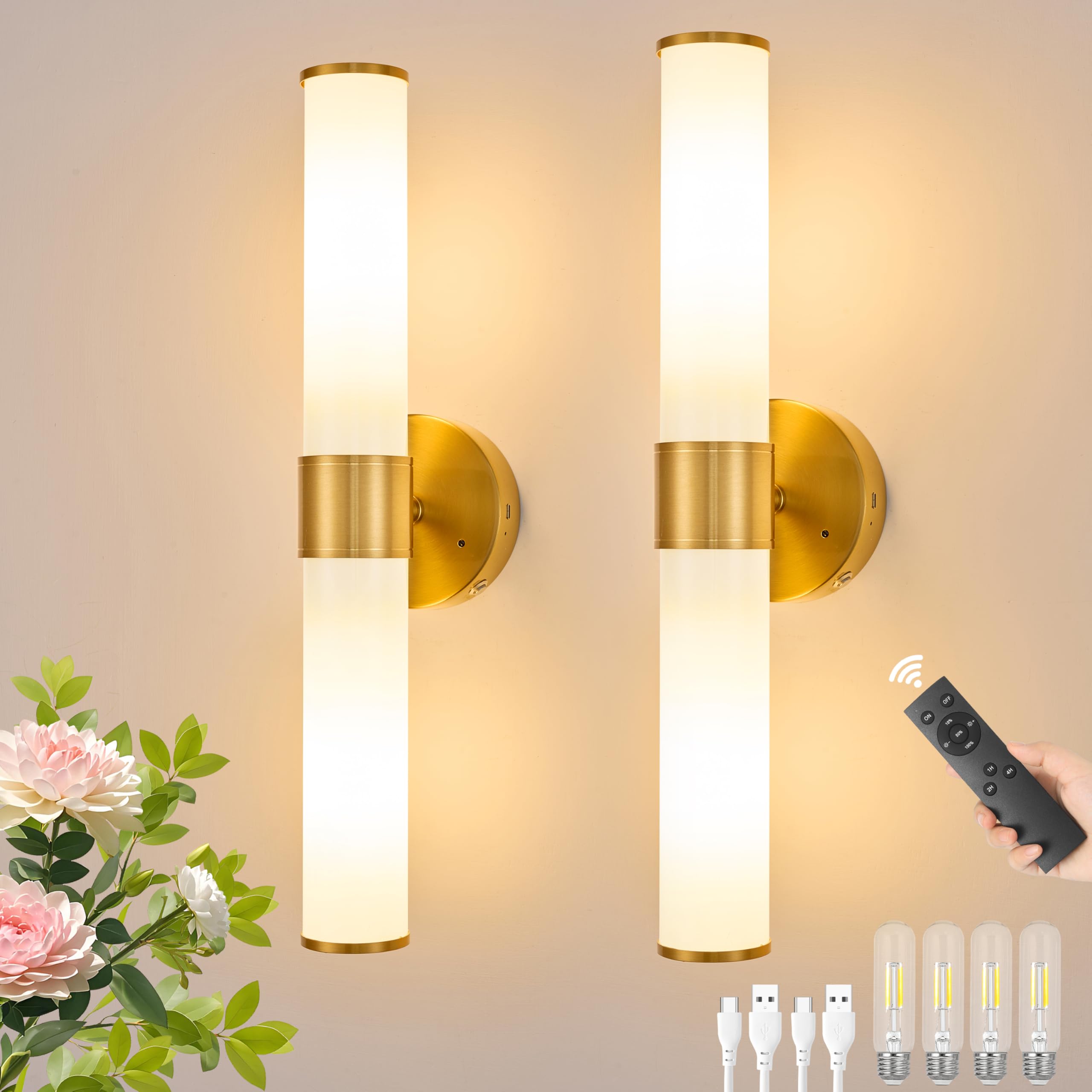 Photo 1 of (SILVER) Morauroral Gold Battery Operated Wall Sconces Set of 2, Rechargeable Wall Lights with Remote Control, 20 Inch Modern Wireless Wall Lamp for Bedroom, Living Room (Bulbs Included)
