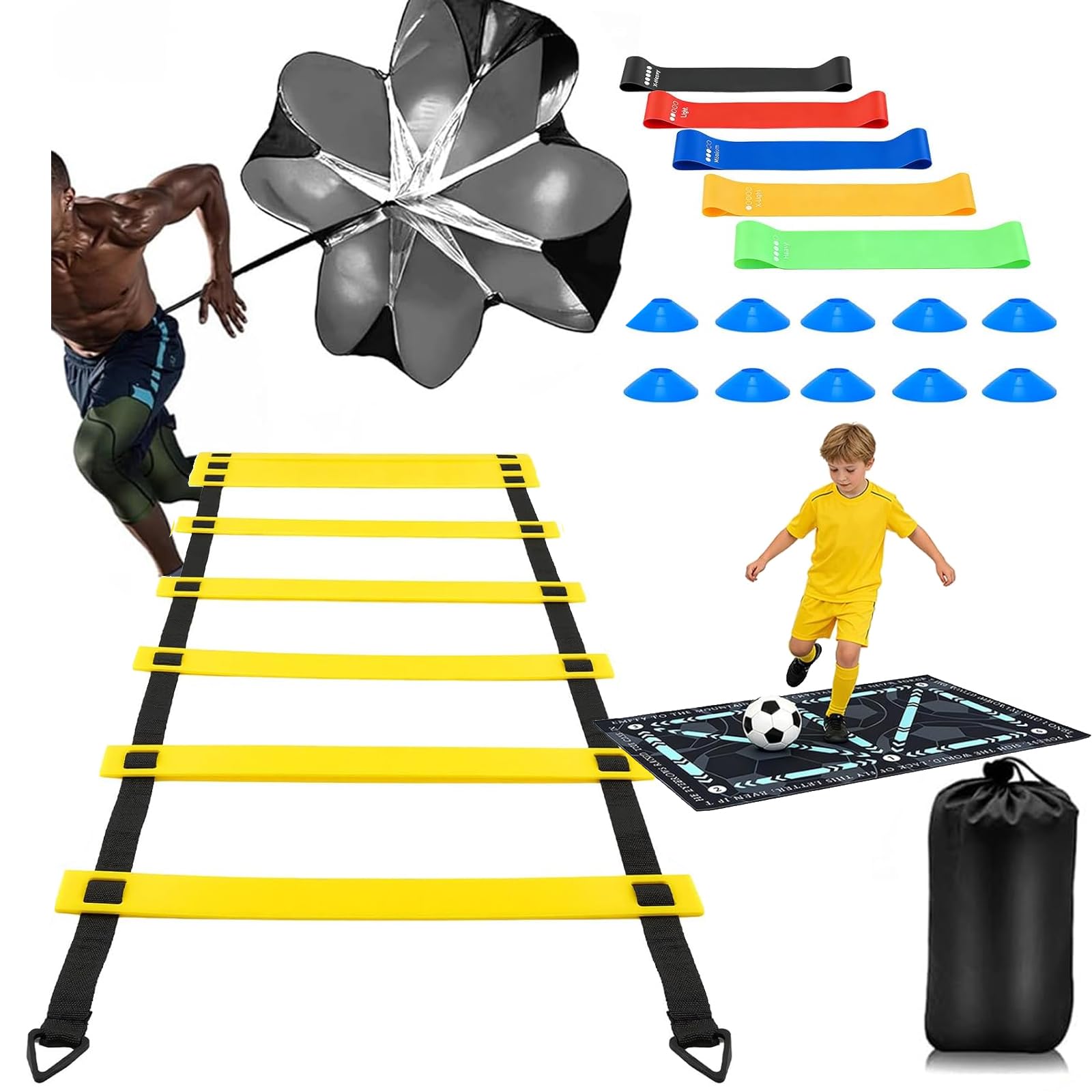 Accesorios de entrenamiento de fútbol con escalera de coordinación de 6 m, alfombrilla antideslizante para fútbol, 10 conos, bandas de resistencia, paraguas de resistencia, juego completo de