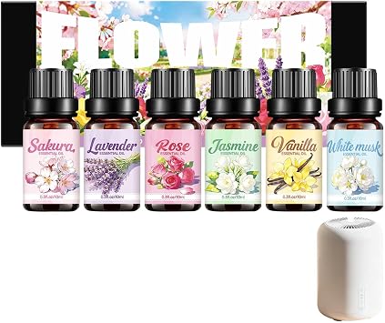 Fragrance Oil Set - Ambient Aroma Distribution Base, 6 Home Air Scenting Liquids, Perler Massage Vaporizer Concentrate, Blossom Essence Vial Kit | Potpourri Additive for Couples