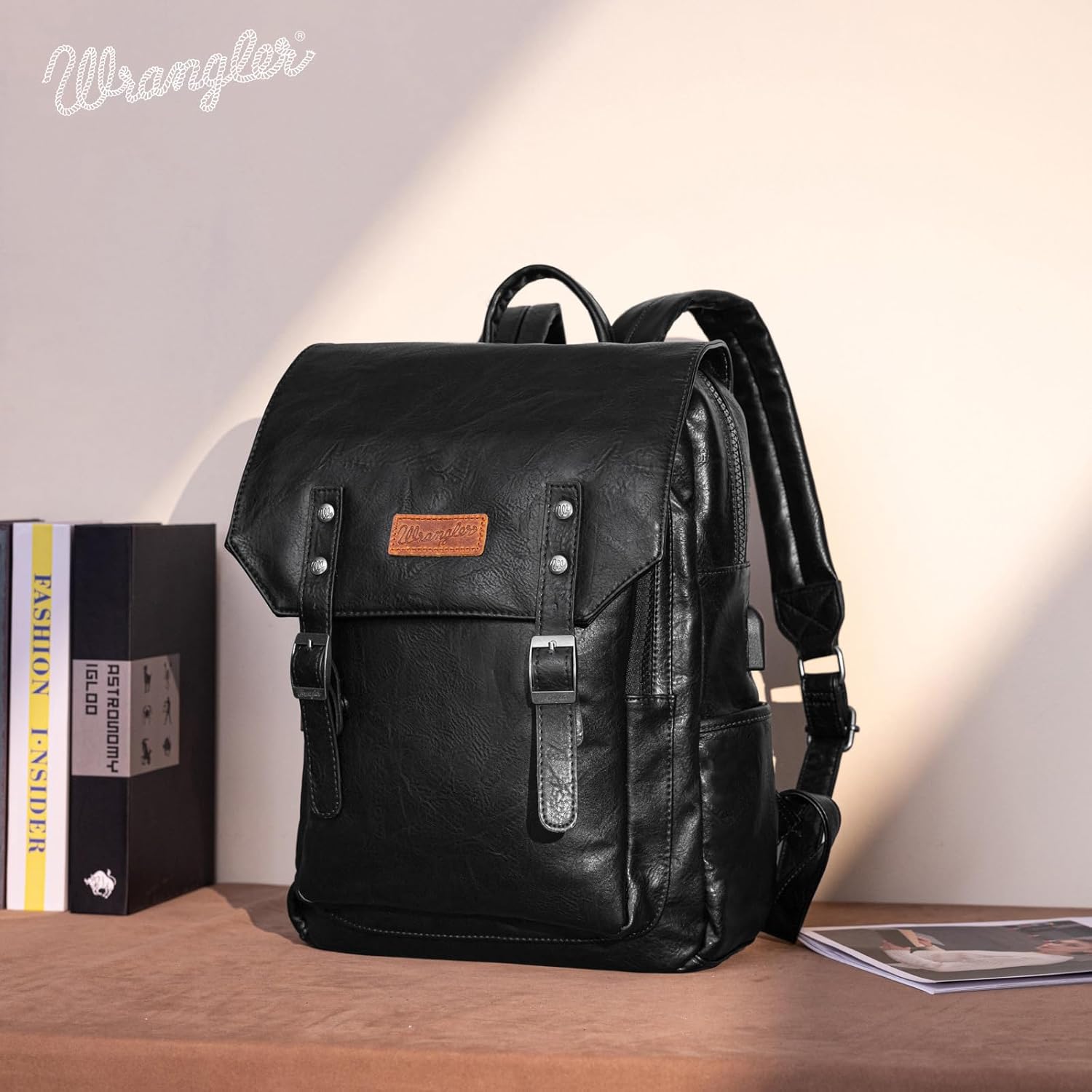 Montana West × Wrangler Backpack for Women Men Unisex Stylish Business Work Backpack Purse Black Vegan Leather Backpack - Image 2