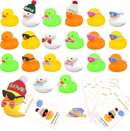 Juego de 20 patos Jeep, incluye tarjetas de patos pequeños, lentes de sol, lazos, sombrero de lana, banda de goma, mini patos de goma con etiquetas