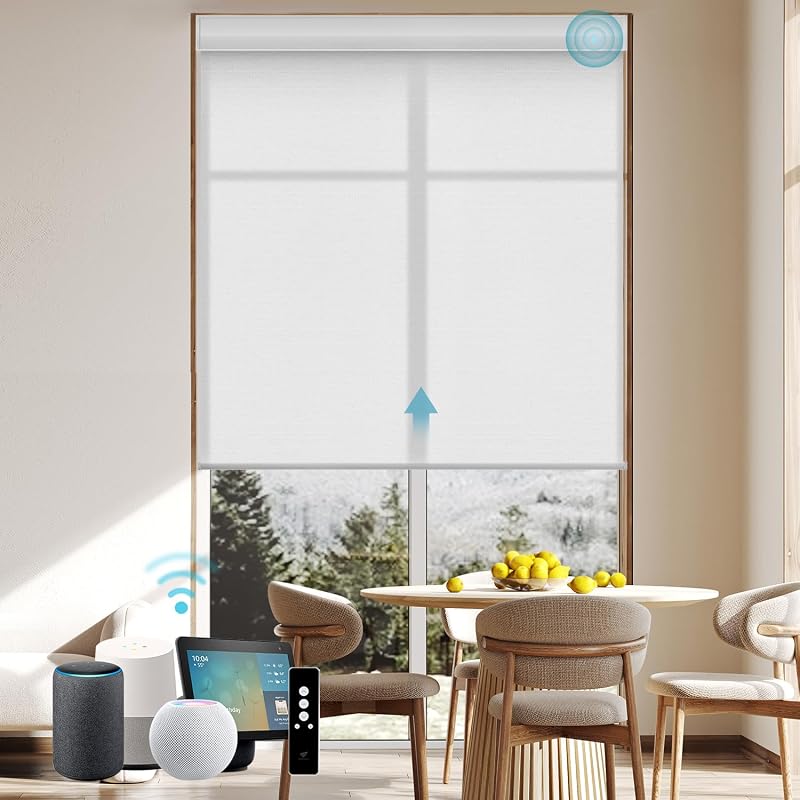 Motorized Light Filtering Shades, Work with Matter Thread Apple Homekit Google Z-Wave Alexa, 70% Blackout Smart Window Blinds Translucent, Cordless with Remote Control, Essential White