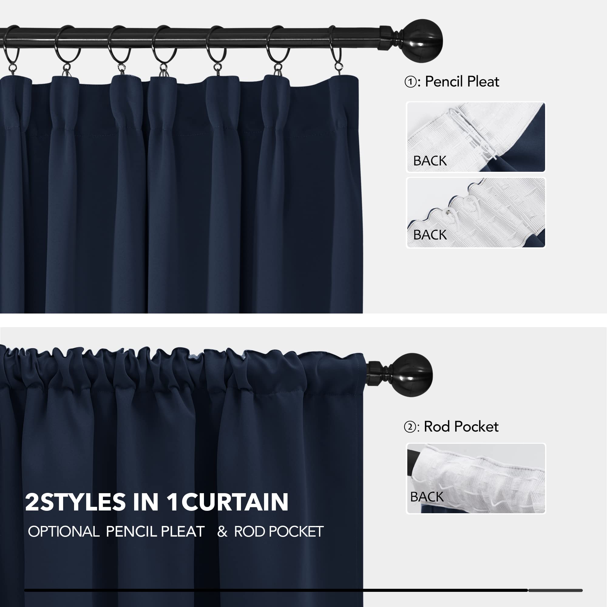 Deconovo Thermal Curtains Pencil Pleat for Bedroom Thick Blackout Curtains, Heavy Blackout Curtains 66 x 84 Inch, Navy Blue, 2 Panels - Image 4