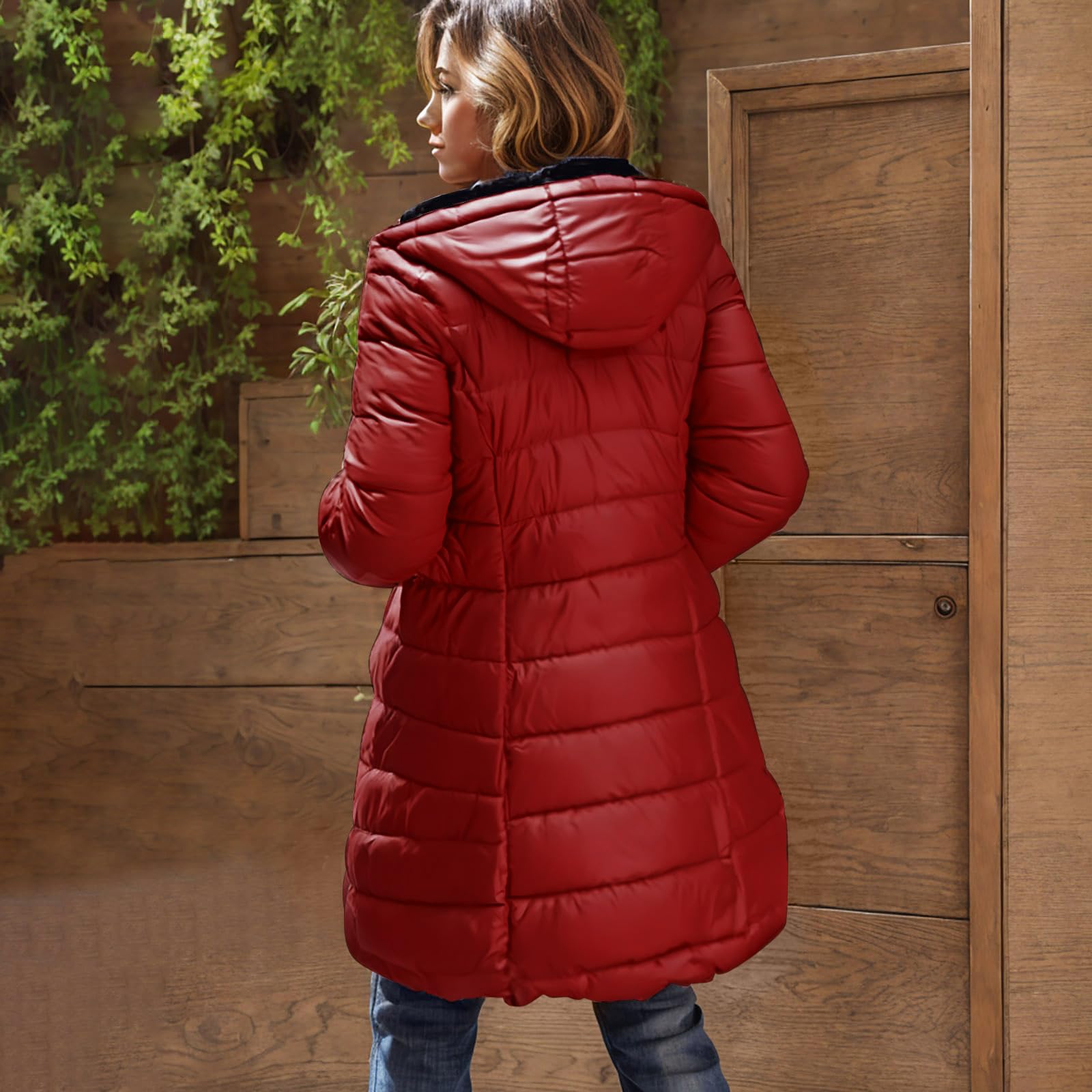 EMATOP Wintermantel Damen Warm Gefüttert Steppjacke Lange Elegant Damenmantel Langarm Winter Parka Jacke mit Kapuze Winterparka Mantel Einfarbig Bequemes Sportjacke Winddicht Outdoorjacke