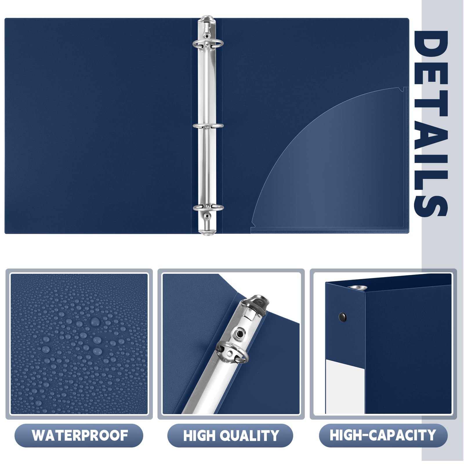 Henoyso 48 raccoglitori a 3 anelli da 3,8 cm, in plastica flessibile, rotondi, adatti per lettere da 21 x 28 cm, contiene 300 fogli con 1 tasca, per ufficio e scuola (blu navy)