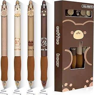lafo Erasable Ballpoint Pen with Coffee Bear Design, Pack of 4, Brown Erasable Pens 0.5 mm, Gel Pen, Erasable Pen for Stud...