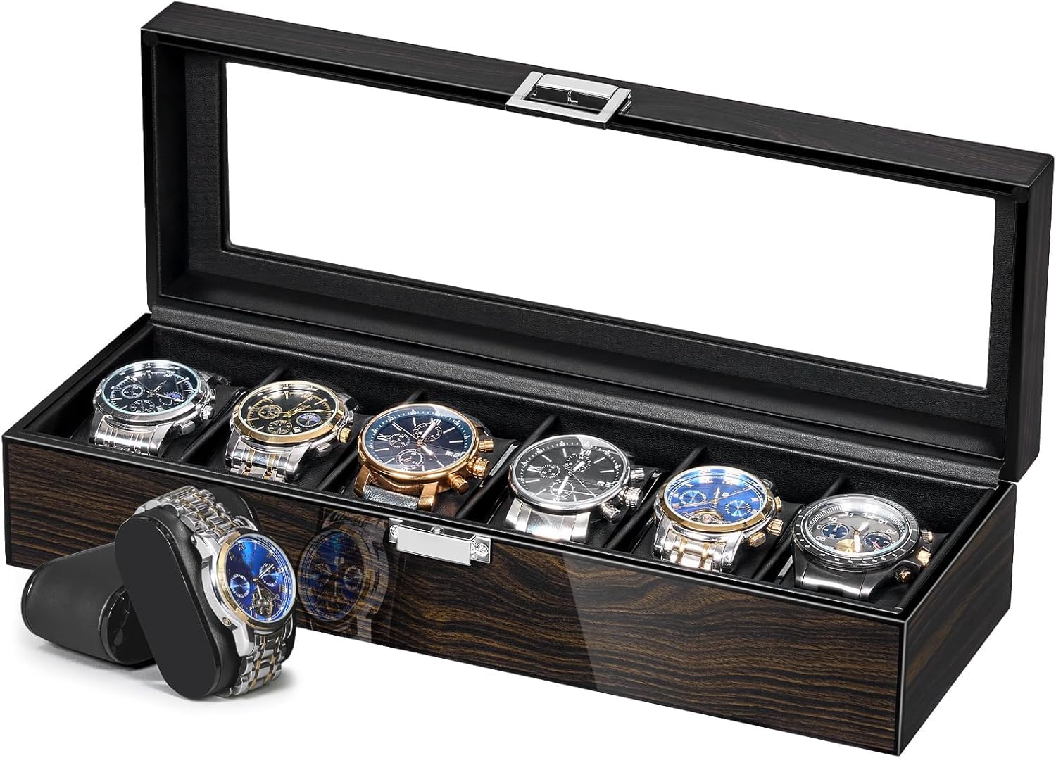 ANWBROAD Uhrenvitrine mit 6 Fächern, Neue Uhrenbox für Herren in Ebenholzfarbe mit Klavierlack und Glasdeckel, Uhrenhalter-Organizer für Herren und Damen–6 Fächer, JWB006E