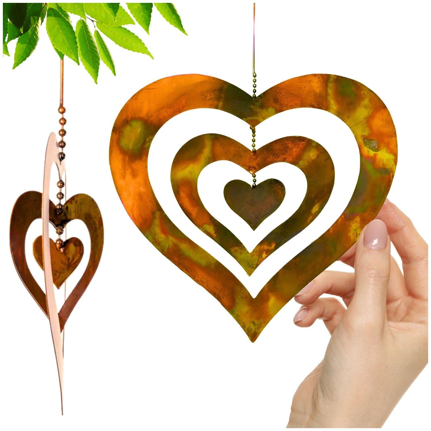 Handcrafted Triple Spinning Heart Steel Ornament (Flamed Finish) Happy Gardens Rustic Outdoor Metal Hook Hanging Decor for Outside Back Yard