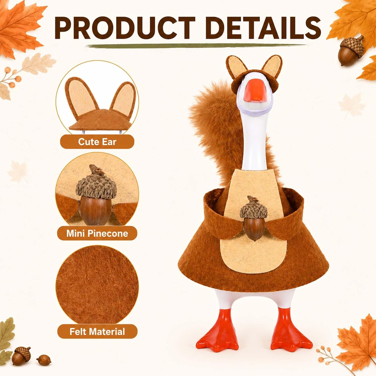 JcHrmers Squirrel Desk Goose Outfit 7 Inch Mini Desktop Goose Clothes Accessories with Pinecone for 7'' Goose Statue Key Holder Table Autumn Decor