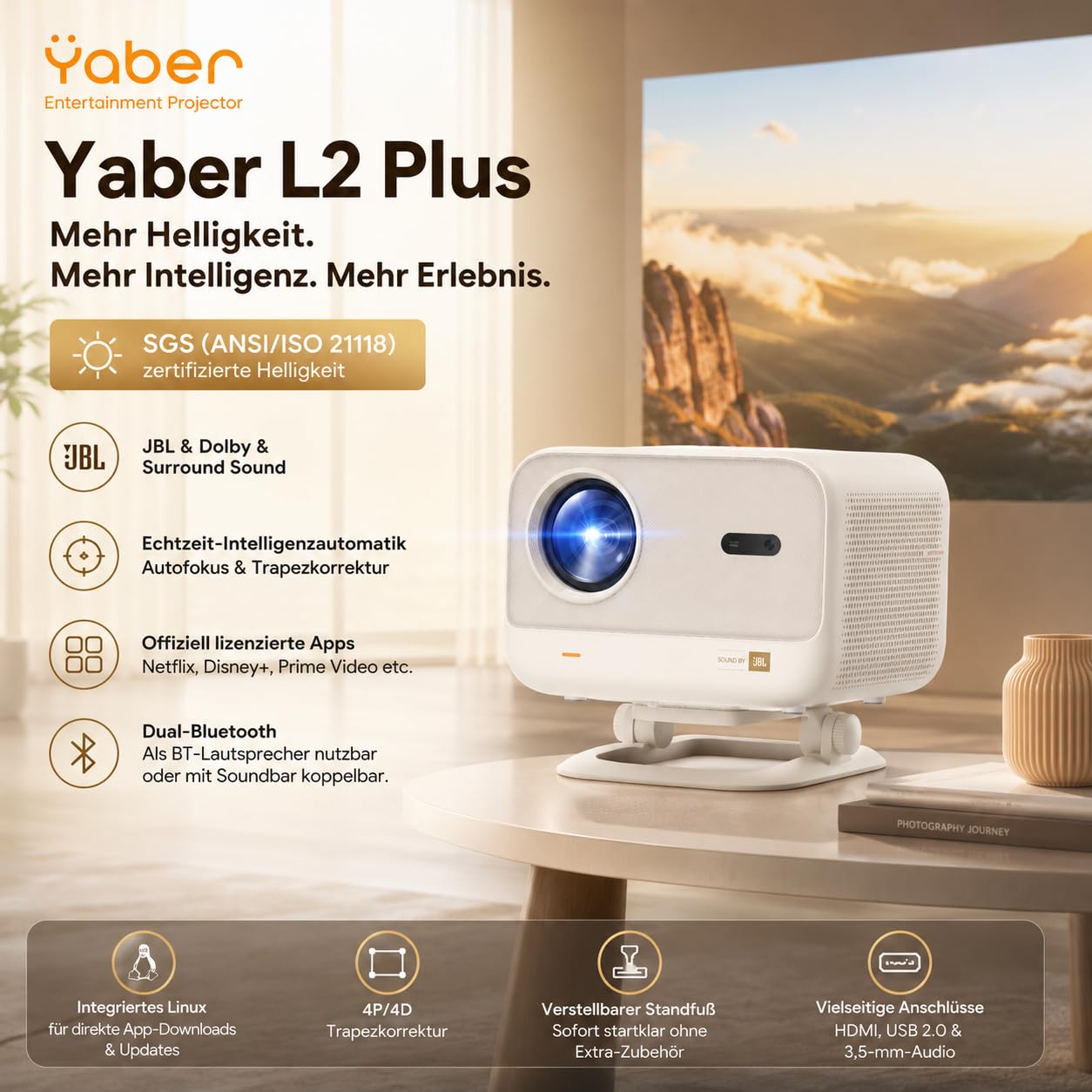 Projektor Netflix Ready, projektor jasności JBL Dual 8 W Dolby Audio, automatyczne ustawianie ostrości i Keystone, WiFi i Bluetooth, Yaber L2 Plus 150 cali, projektor kina domowego, Native 1080p