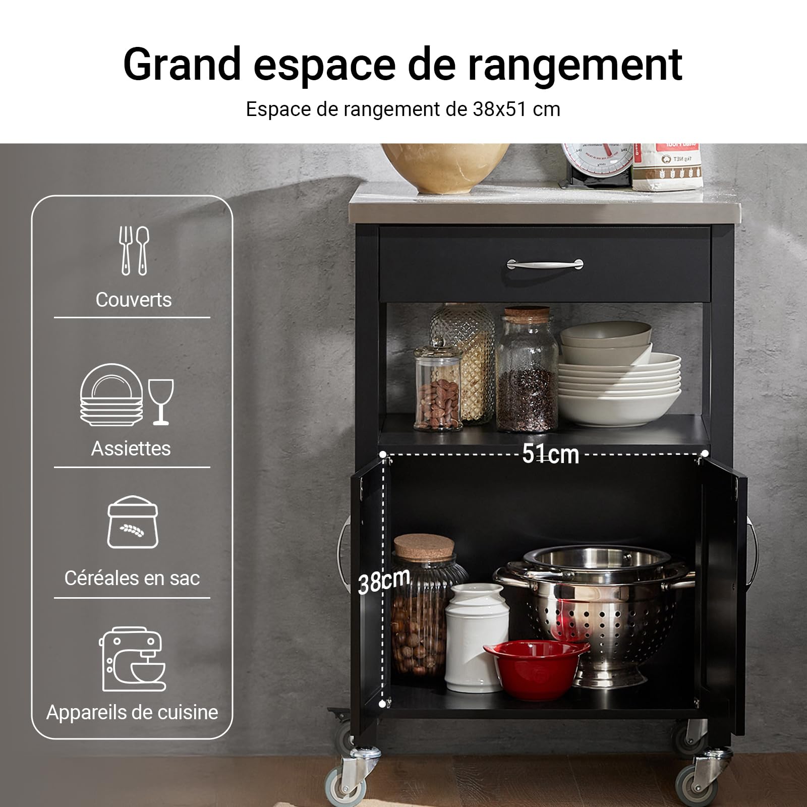 SoBuy Meuble de Cuisine à roulettes avec Plan de Travail Desserte Cuisine compacte pour Rangement Cuisine, extérieur ou Chambre Chariot de Service Multifonction Noir 60x92x45cm FKW22-SCH