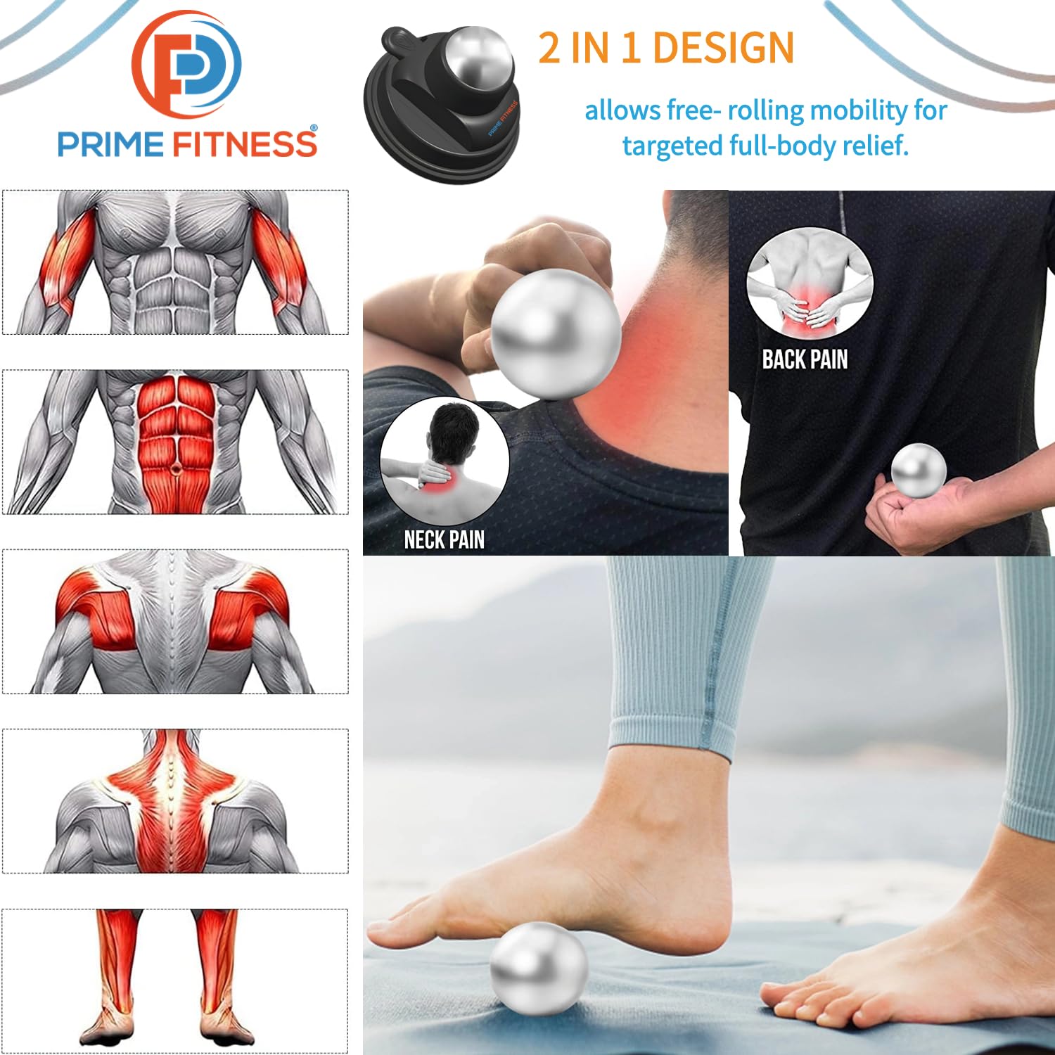 PRIME Fitness Bola de masaje montada en la pared, terapia de frío, masajeador de espalda montado en la pared, palo criogénico, alivia el dolor muscular (masajeador de pared 360)