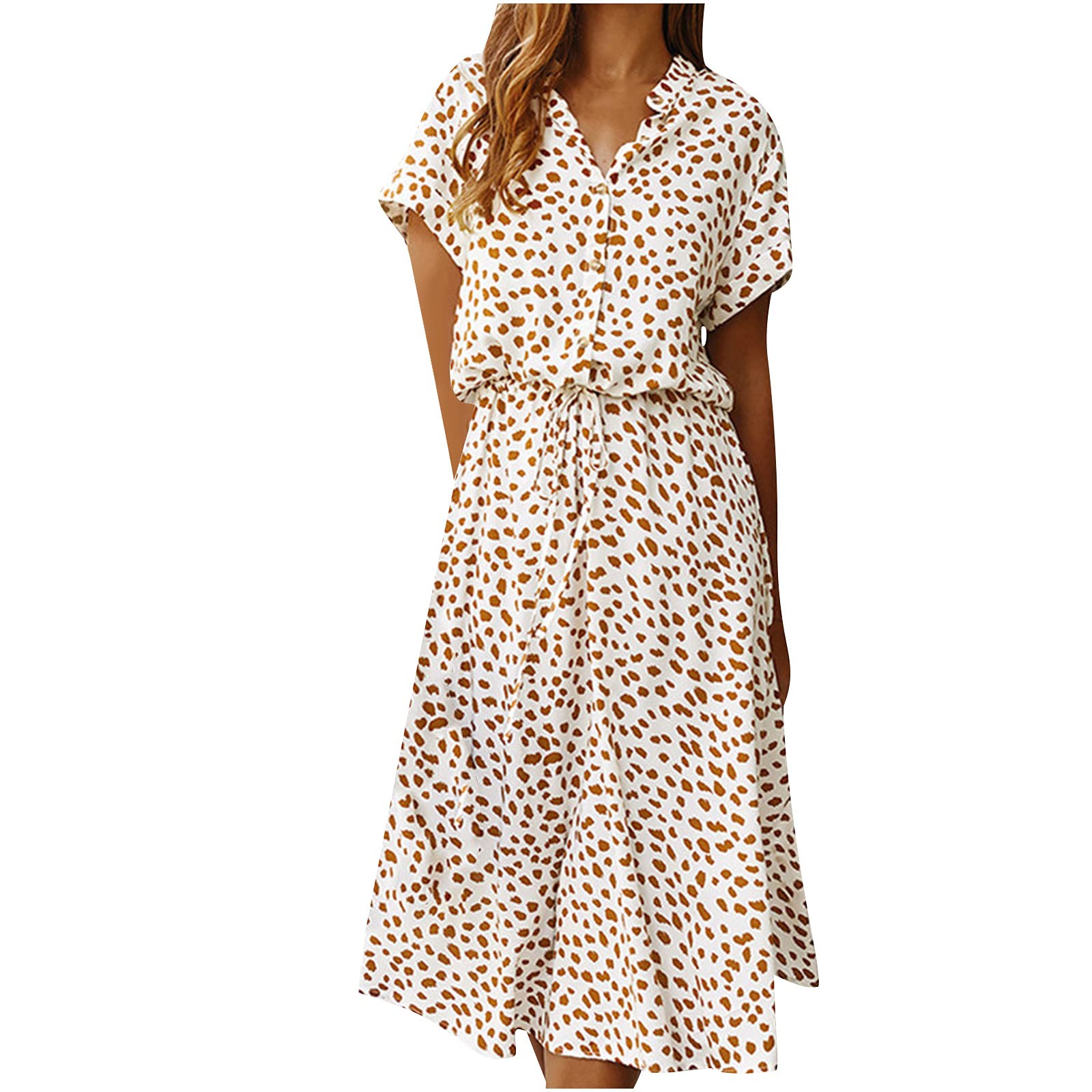 AMhomely UK Stock Sale Women's Dress Sweet & Cute Dress Ladies Short Sleeved V-Neck Lace Casual Elastic Waist Floral Long Dress Fancy Cocktail Dress Party Elegant Swing Dress Maxi A-line Dress