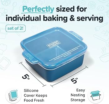 Souper Cubes Stoneware - 5" x 5" Baking Dishes for Oven with Silicone Covers, Premium Mini Ceramic Baking Dishes, Perfect for Reheating Individual Portions in Oven or Microwave, Set of 2 - Blueberry
