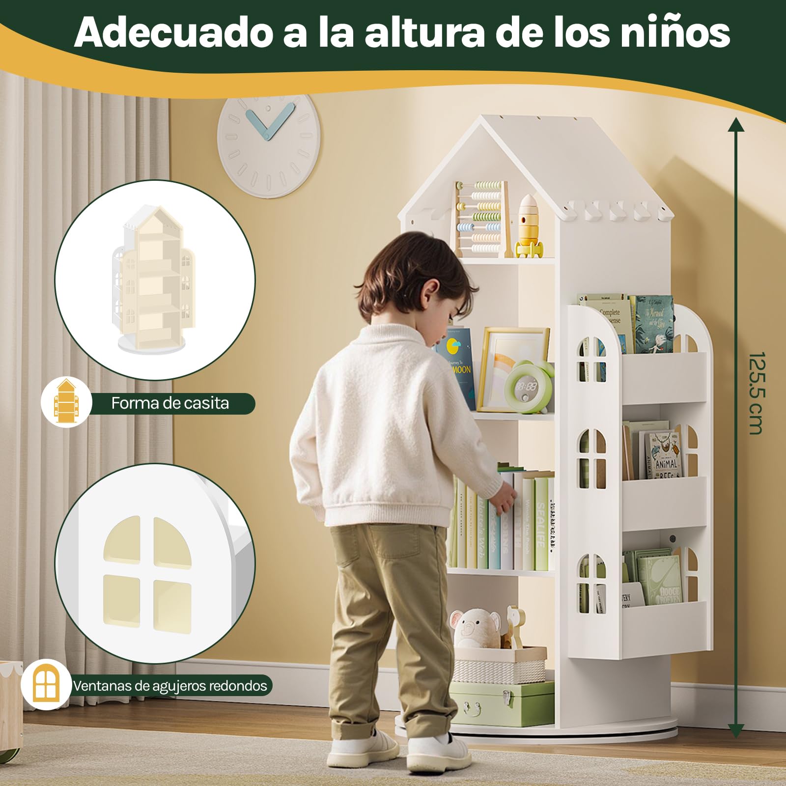 WOLTU Libreria Infantil Giratoria de 4 Niveles, Estanteria Infantil para Libros y Juguetes, Estantería Giratoria en Forma de Casita, 63x59x125 cm, Blanco