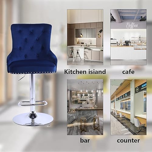 Miniatura 6 de Taburetes de bar de terciopelo, color azul, juego de 2 sillas de bar ajustables con altura de mostrador giratoria con reposapiés para cocina, pub,