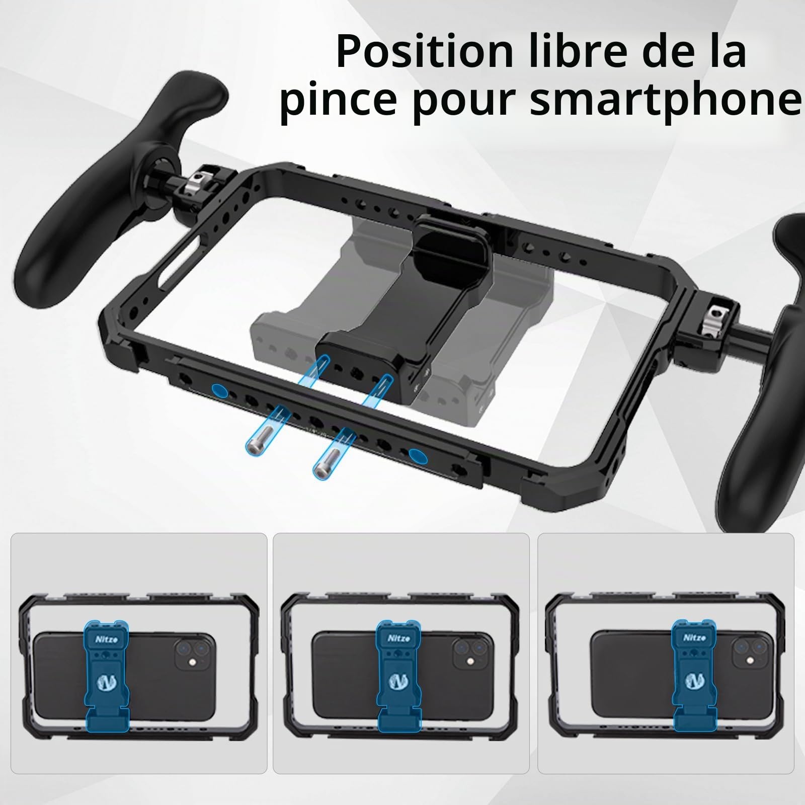 Nitze Téléphone Vidéo Stabilisateur, Cage de Téléphone avec Poignées Latérales, Smartphone Vidéo Cage Universelle pour iPhone 17/16/15 Pro Max/Samsung Galaxy S25 Ultra - T-MP01B
