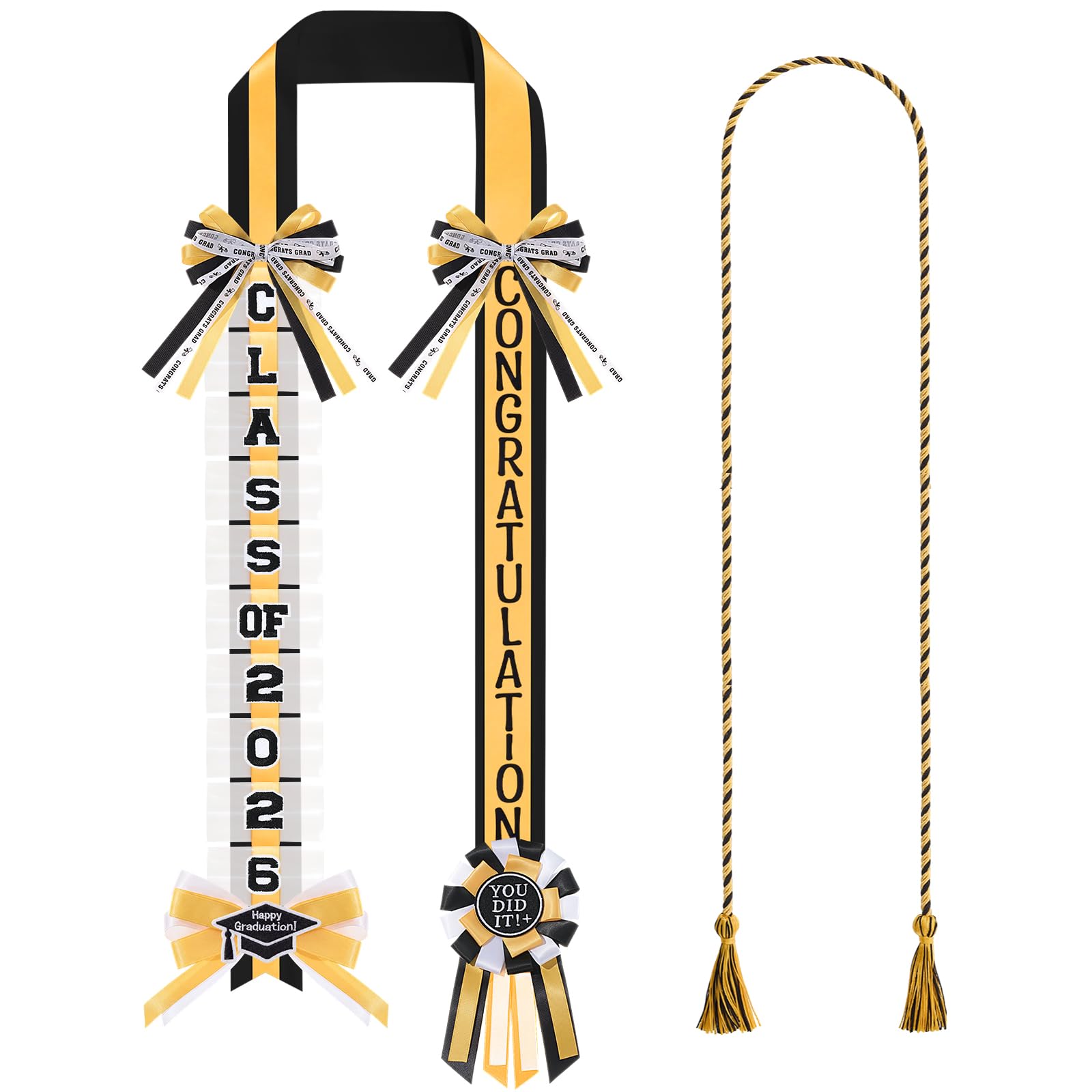 Photo 1 of Spakon Graduation Money Lei with Cash Holder, 48 Inch 2026 Graduation Ribbon Lei with Honor Cord 2026 Grad Braided Necklace for DIY Women Men College Party Decor Supplies Grad Cash Gift(Black, Gold)
