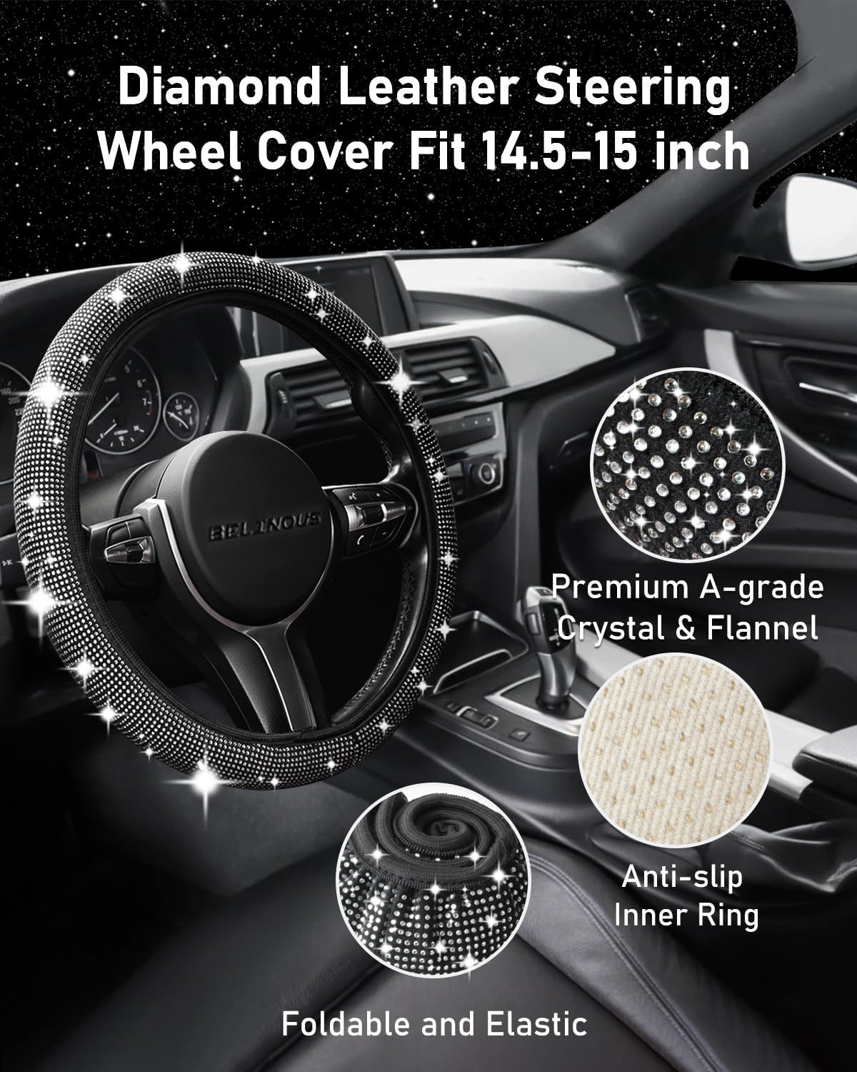 Belinous 27 PCs Bling Car Accessories for Women, Girl Car Accessories for Interior, Bling Steering Wheel Cover 14.5-15in, Bling License Plate Frame, Bling Phone Holder, Cup Coasters (Silver Diamond)