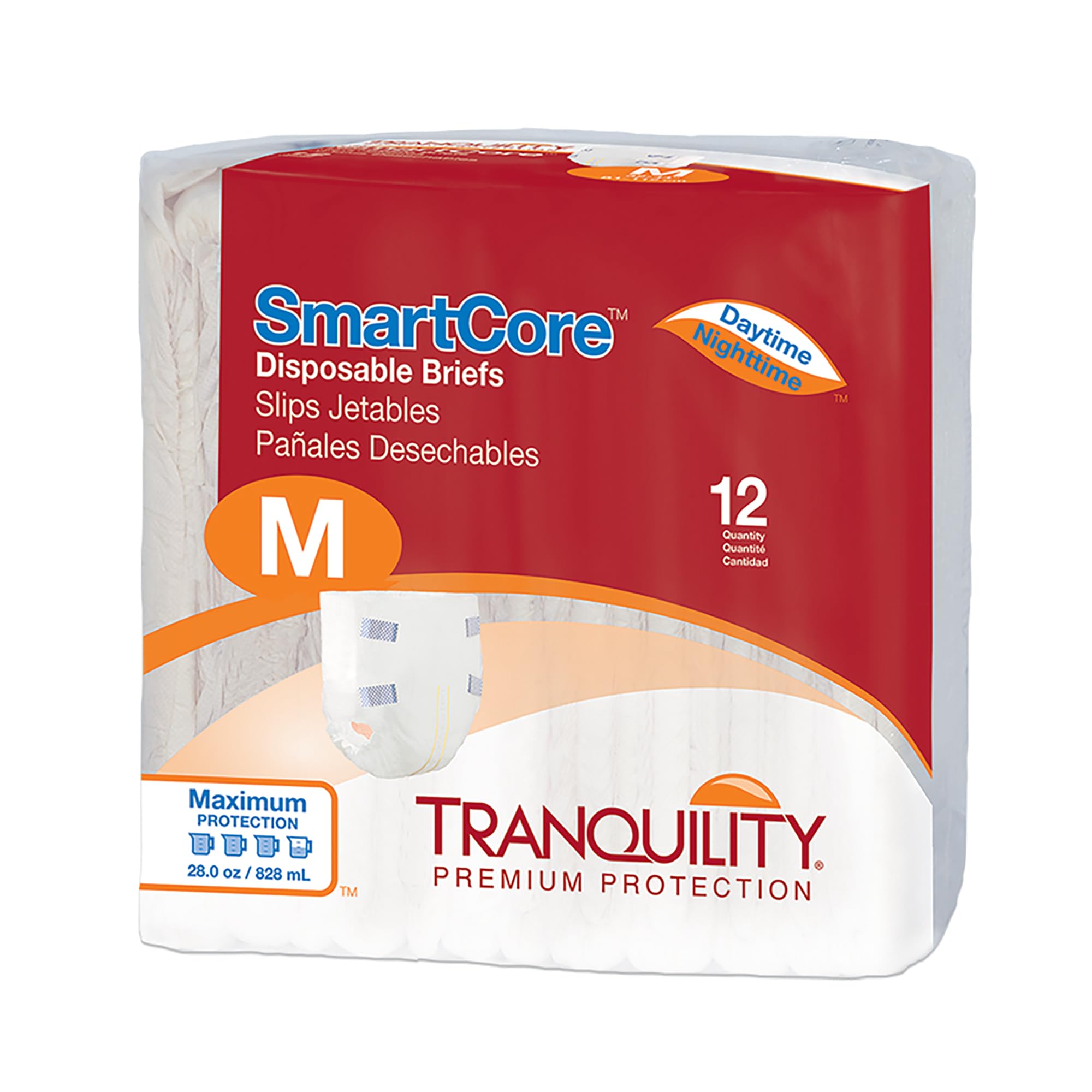 Tranquility SmartCore Adult Disposable Briefs, Incontinence Control with Breathable Kufguard Technology, Fastening Tabs & Wetness Indicator, Latex-Free, Adult Medium, 28oz Capacity, 12ct Bag
