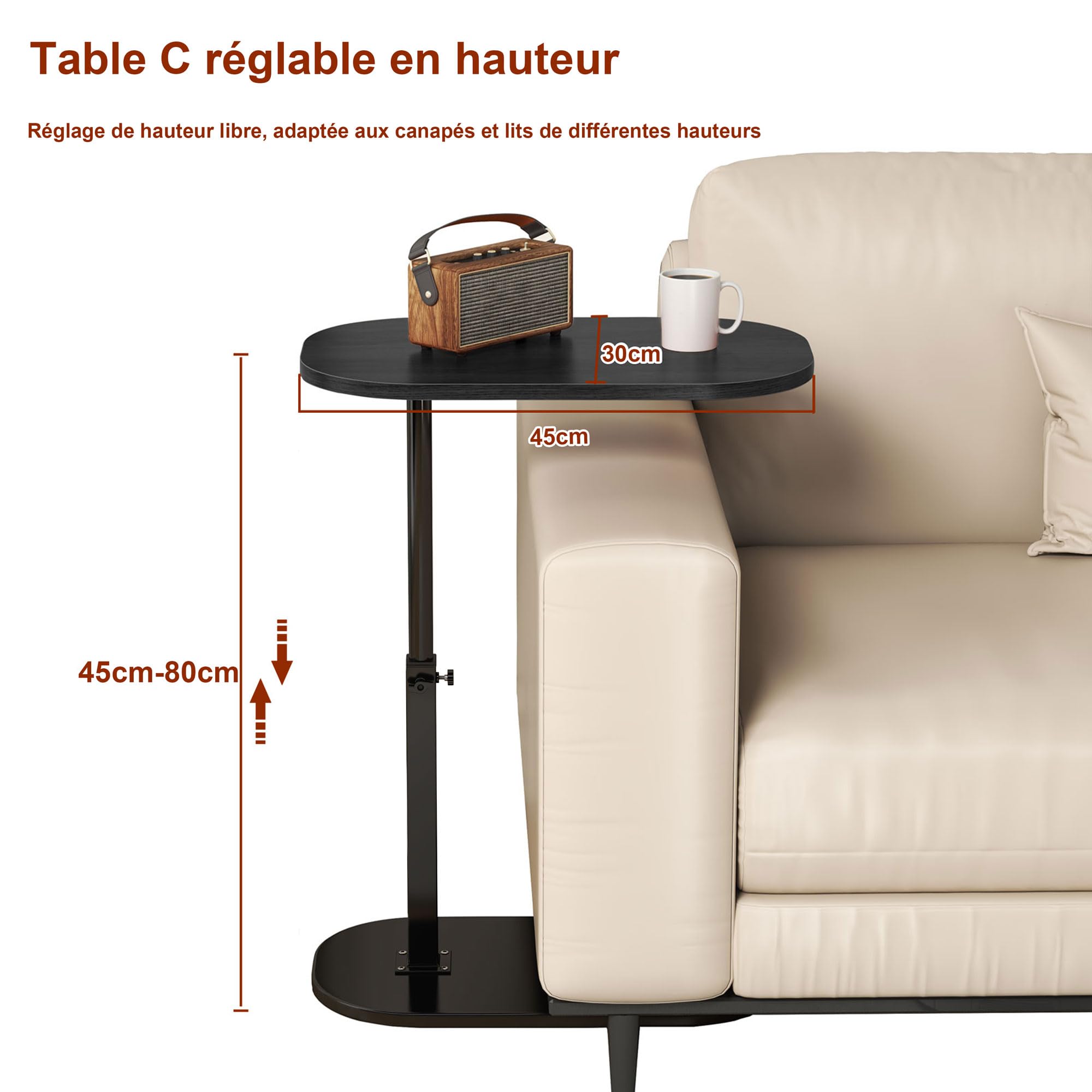 Table d'appoint en Forme de c Hauteur réglable, 360 ° Pivotante Ordinateur Portable stand pour canapé/LIT, Bois Petite Table Basse pour Salon Balcon Chambre, Design léger,Facile à Monter (Black)