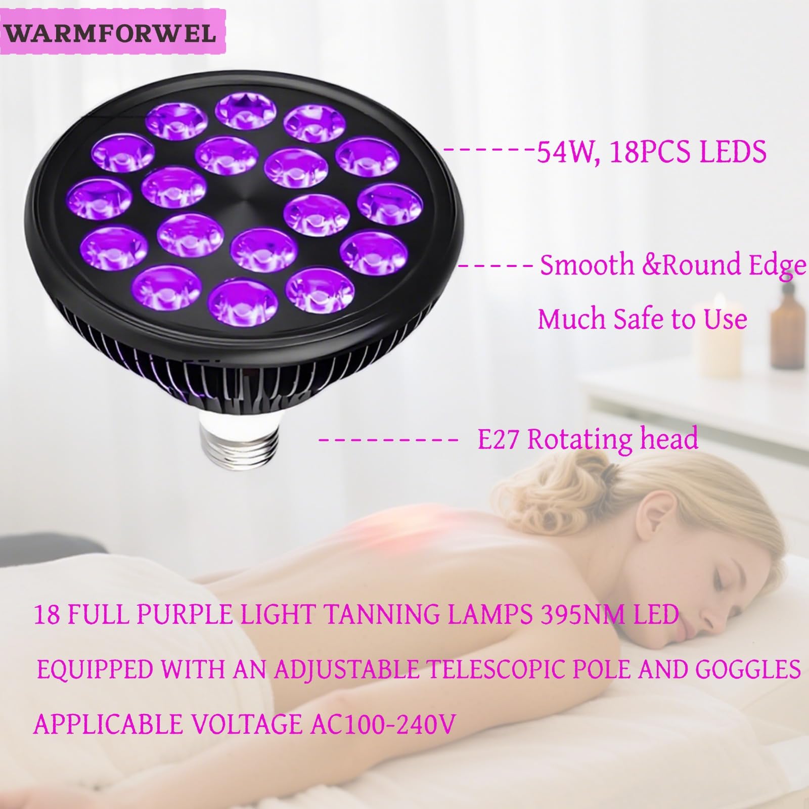 Lámpara de bronceado de 54 W con 18 LED y longitud de onda de 395 nm. Lámpara de terapia con cabezal giratorio E27 para cuerpo completo, ángulo y altura ajustables, con gafas y base retráctil Solarium