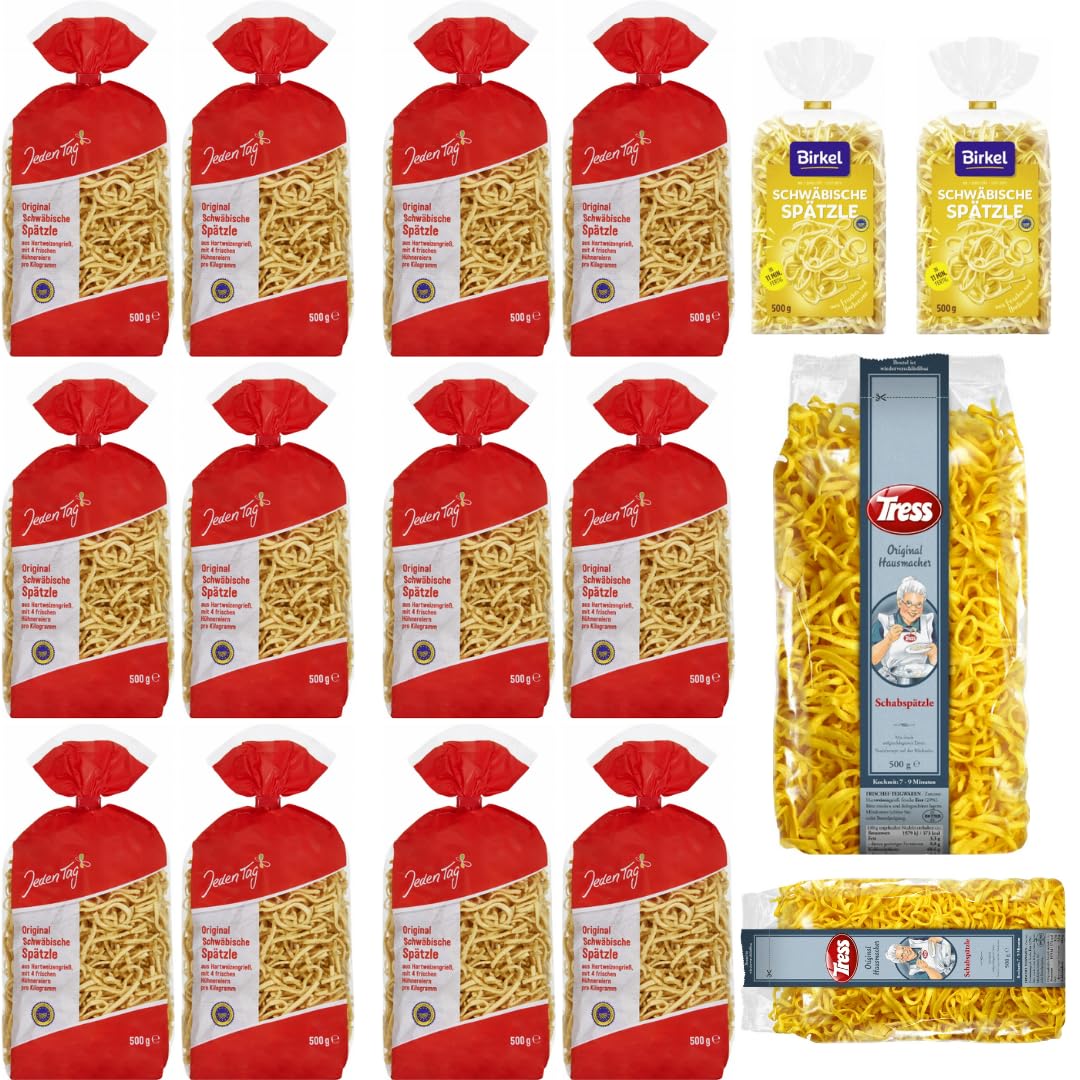 Jeden Tag Original schwäbische Spätzle 500 Gramm x 12 STÜCK + Tress Original Hausmacher Schabspätzle 500 Gramm x 2 Stück, Birkel's No. 1 Schwäbische Spätzle Pasta Nudeln 500 gramm x 2 Stück