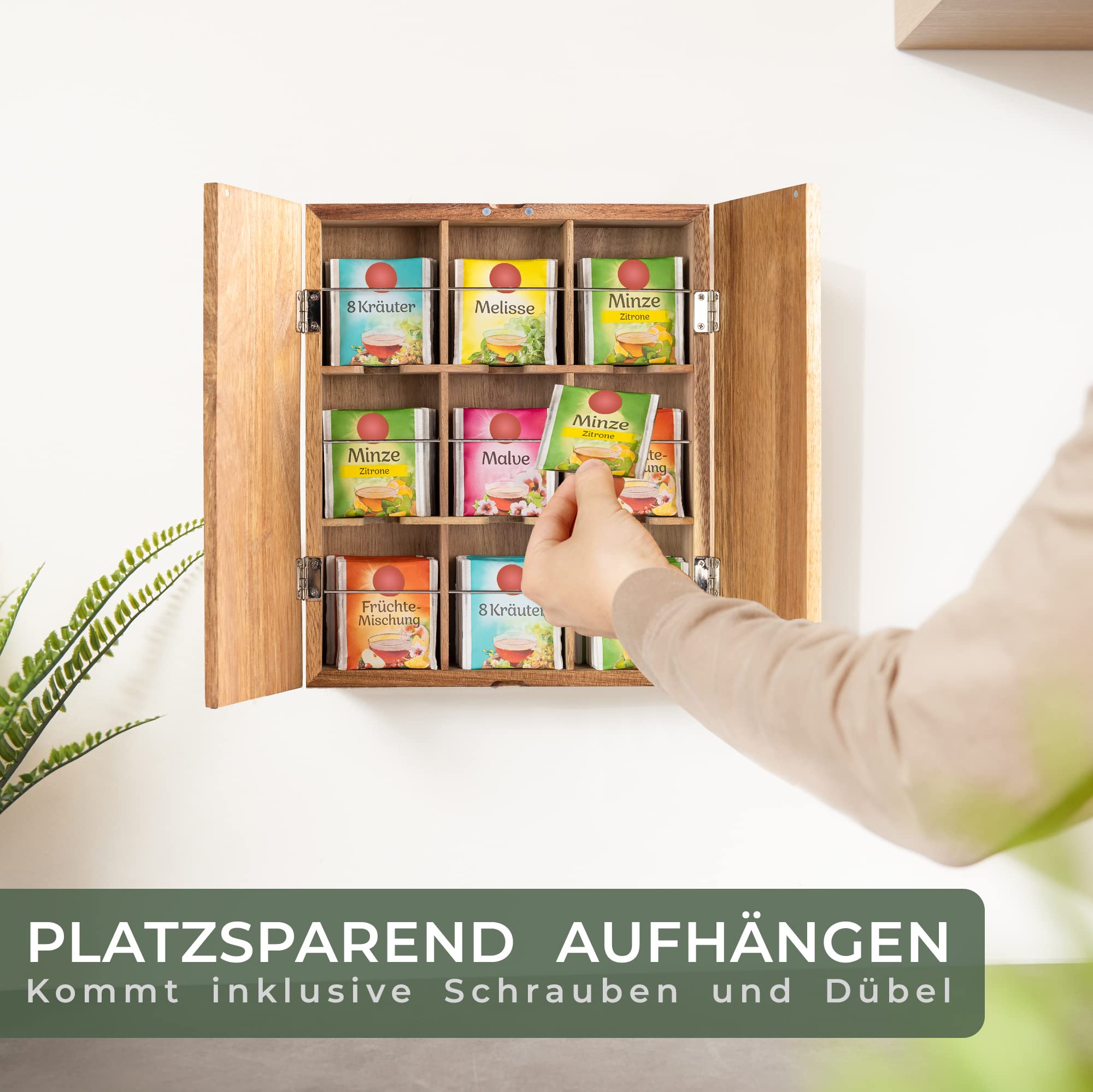 WALDWERK Design Teebox (9 Fächer) - Tee Aufbewahrung aus robustem Akazienholz - Plastikfreie Teebeutel Aufbewahrungsbox - Teebox groß mit Zubehör für Wandmontage