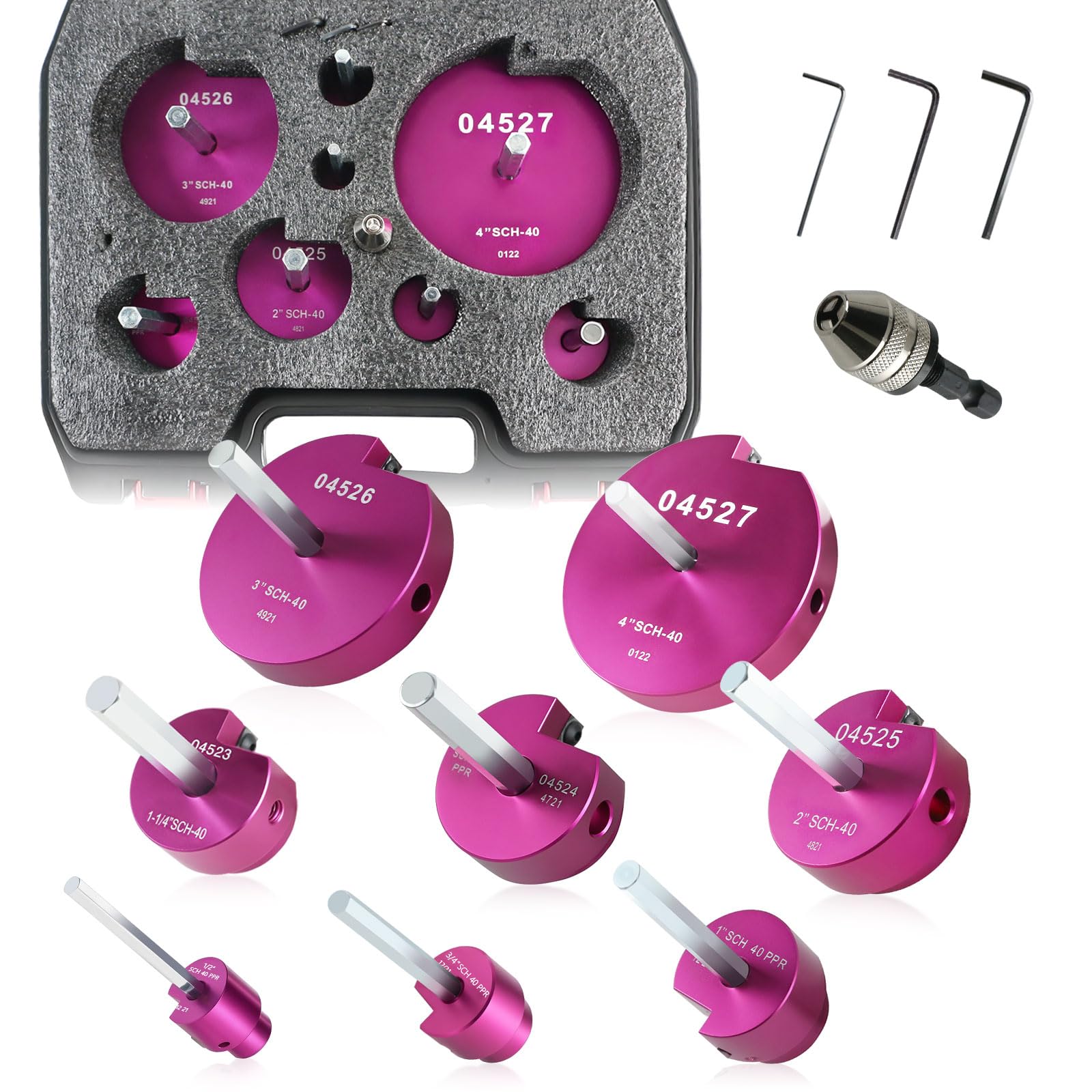 Kit de escariador de tubos de PVC de alta calidad, juego completo de escariador, se adapta a taladros estándar de 1/2 pulgada, incluye P3/10.2 cm, 1/5.1 cm, 2.5 cm, 1-1/10.2 cm, 1-1/5.1 cm, 5.1 cm
