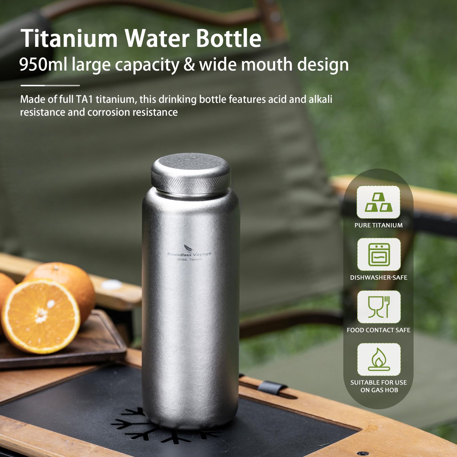 Boundless Voyage Ultraleichte Titan Trinkflasche Kristallisierte+ti lid | Breite Mund Flasche mit Leckage Cap & Aufbewahrungstasche Hydro Flasche für Klettern Rucksack Fitnessstudio Camping Travel