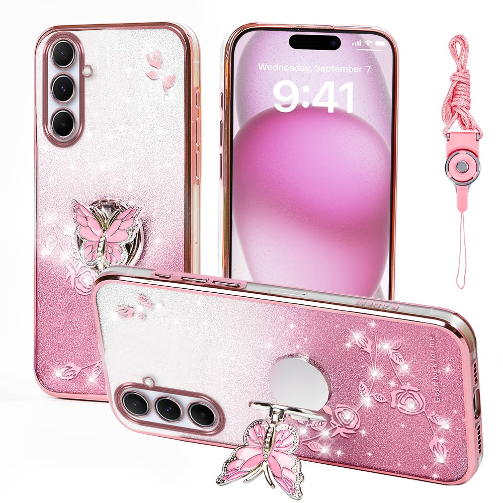 Funda protectora para Samsung Galaxy A14 5G/4G, funda protectora de TPU con soporte y correa para Samsung A14 5G/4G para mujeres y niñas, funda protectora de TPU con purpurina y mariposa floral