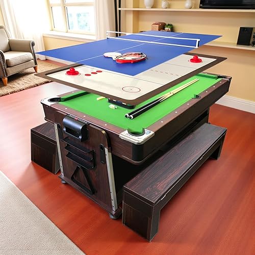 Miniatura 3 de 4 en 1 - Mesa de billar verde de 7 pies con bancos + hockey de aire + tenis de mesa de tenis + mesa de comedor modelo mate, verde, blanco, rojo