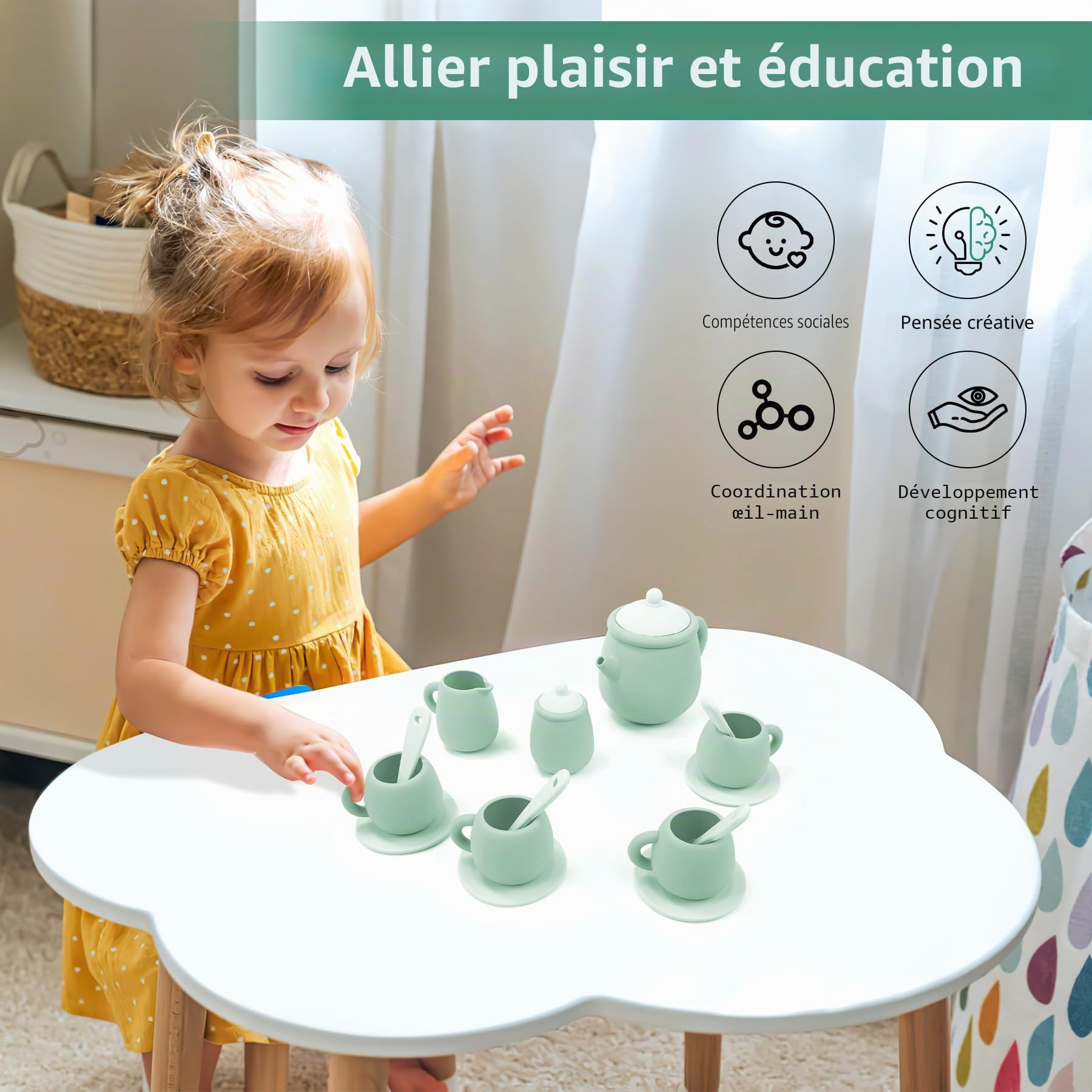 MCGMITT Service à Thé Enfant, Dinette Tea Party Jouet 15 Pcs en Silicone avec Théière et Tasses Accessoires de Cuisine Jeux d’Imitation Montessori et Jeux de Rôle Cadeau pour Filles et Garçons 3 Ans