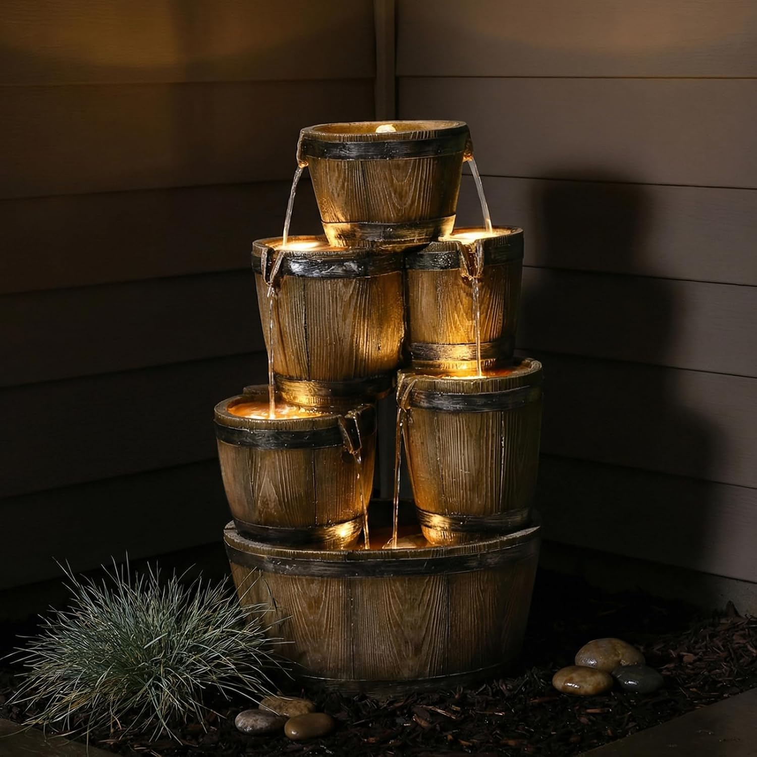 Bumilgar 24.8" Outdoor Water Fountain with LED Lights, Water Feature Outdoor 4-Tier Cascading Waterfall, Rustic Wood Barrel Garden Fountain for Patio Backyard Porch