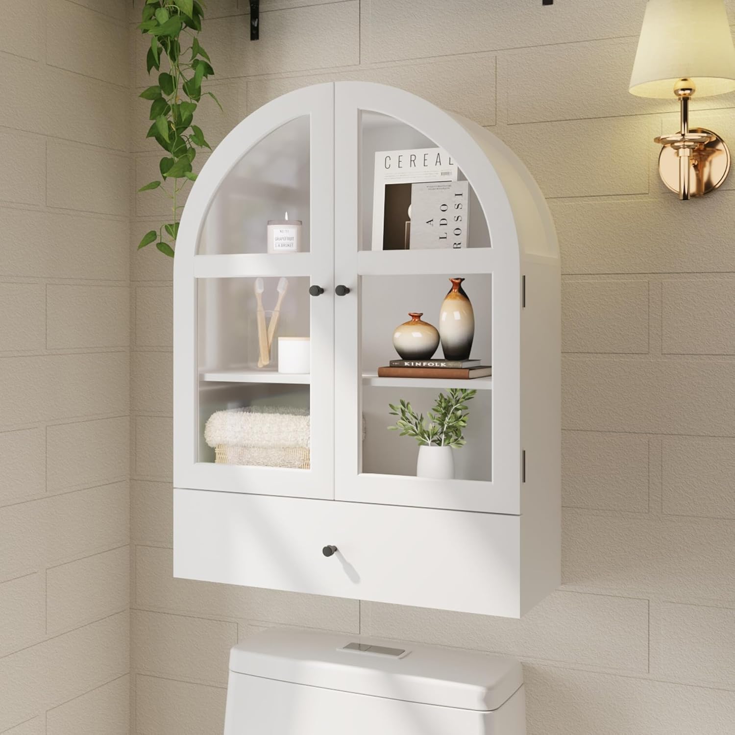 BLANKSPACE Bathroom Arched Wall Cabinet with Drawer, Over The Toilet Organizer for Bathroom White Storage Cabinet with Glass Door and Soft Closing