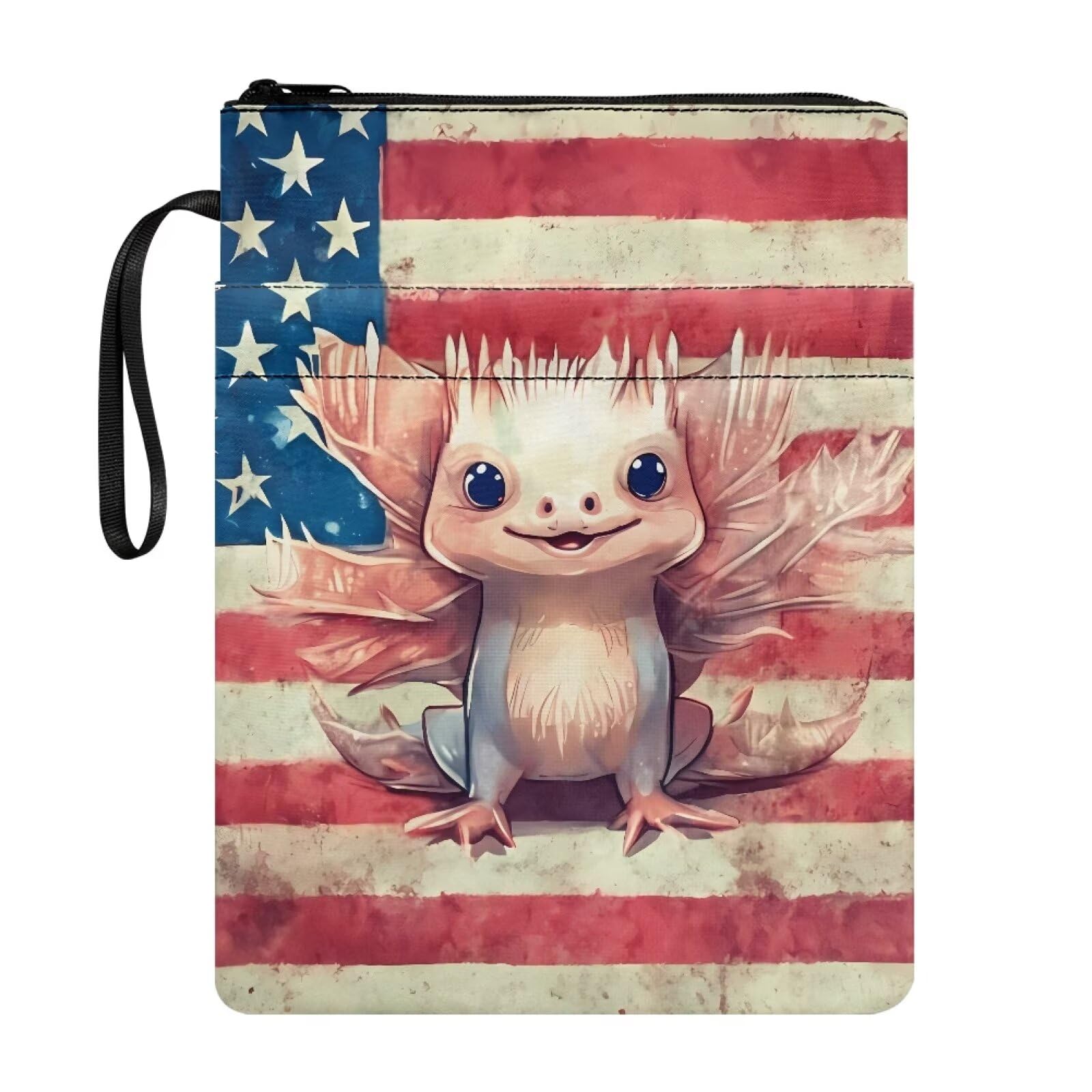Xoenoiee Axolotl US Flag Print Book Sleeve for Book Lovers 11.4x8.7 inches, Book Protector Pouch Waterproof with Zipper, Front Pocket and Portable Rope